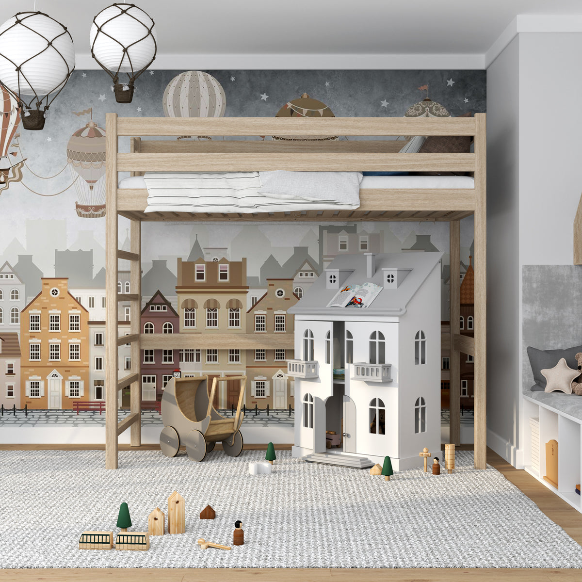Letto a soppalco in rovere sbiancata – stanza per bambini, legno massello, stile scandi
