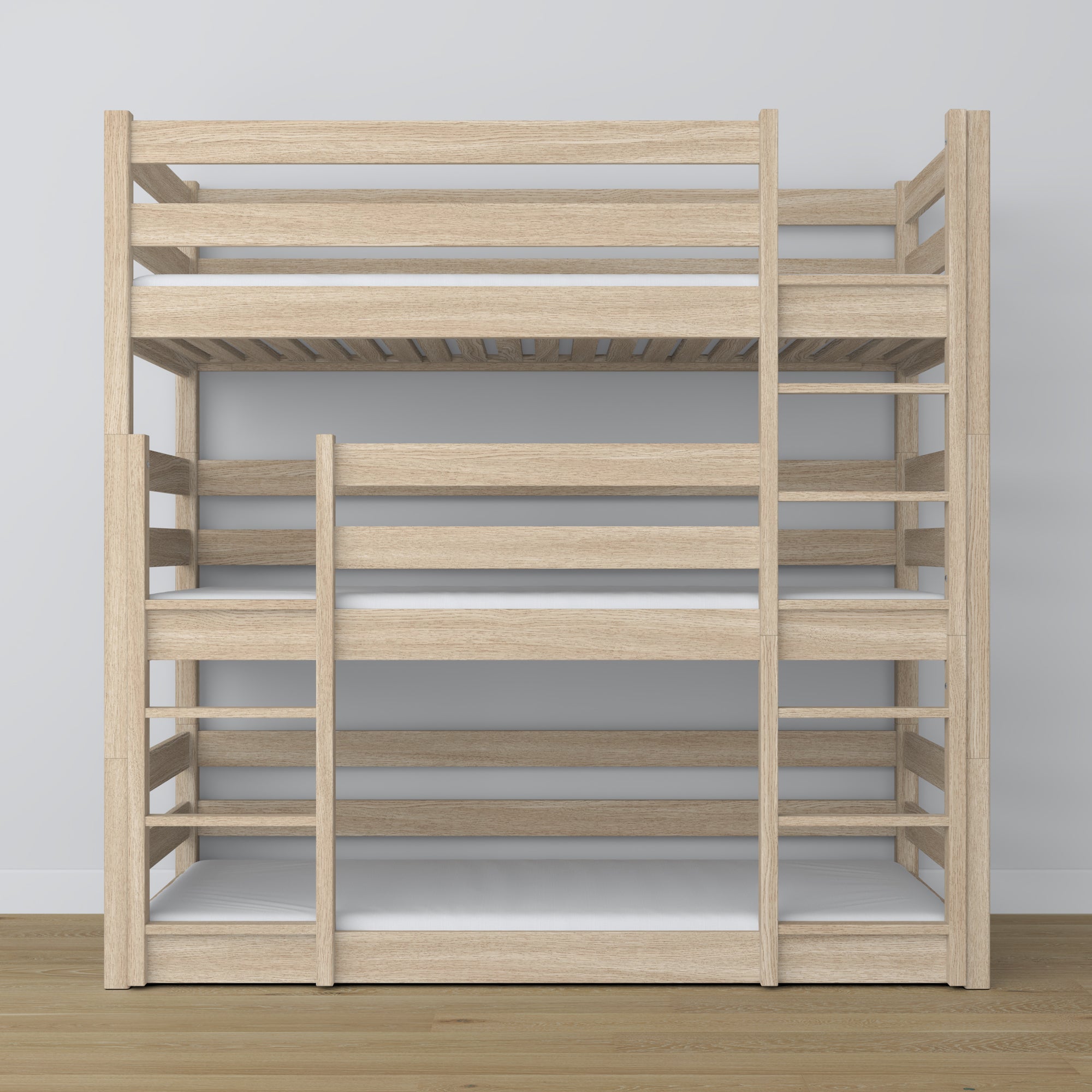 Letto 3-a castello quercia sbiancata – scala e sponde sicurezza, in legno