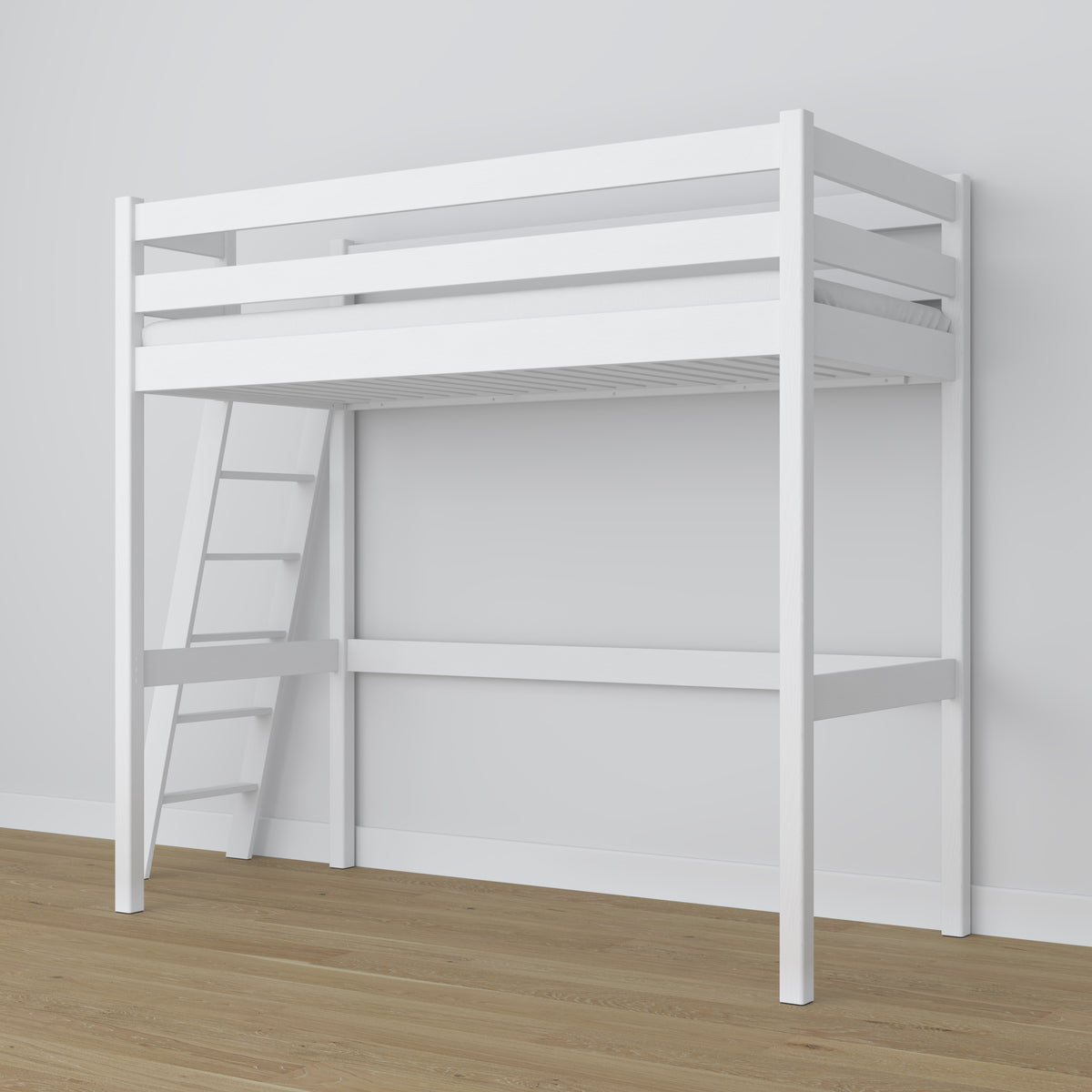 Letto a soppalco in legno bianco – struttura con doghe, vista laterale