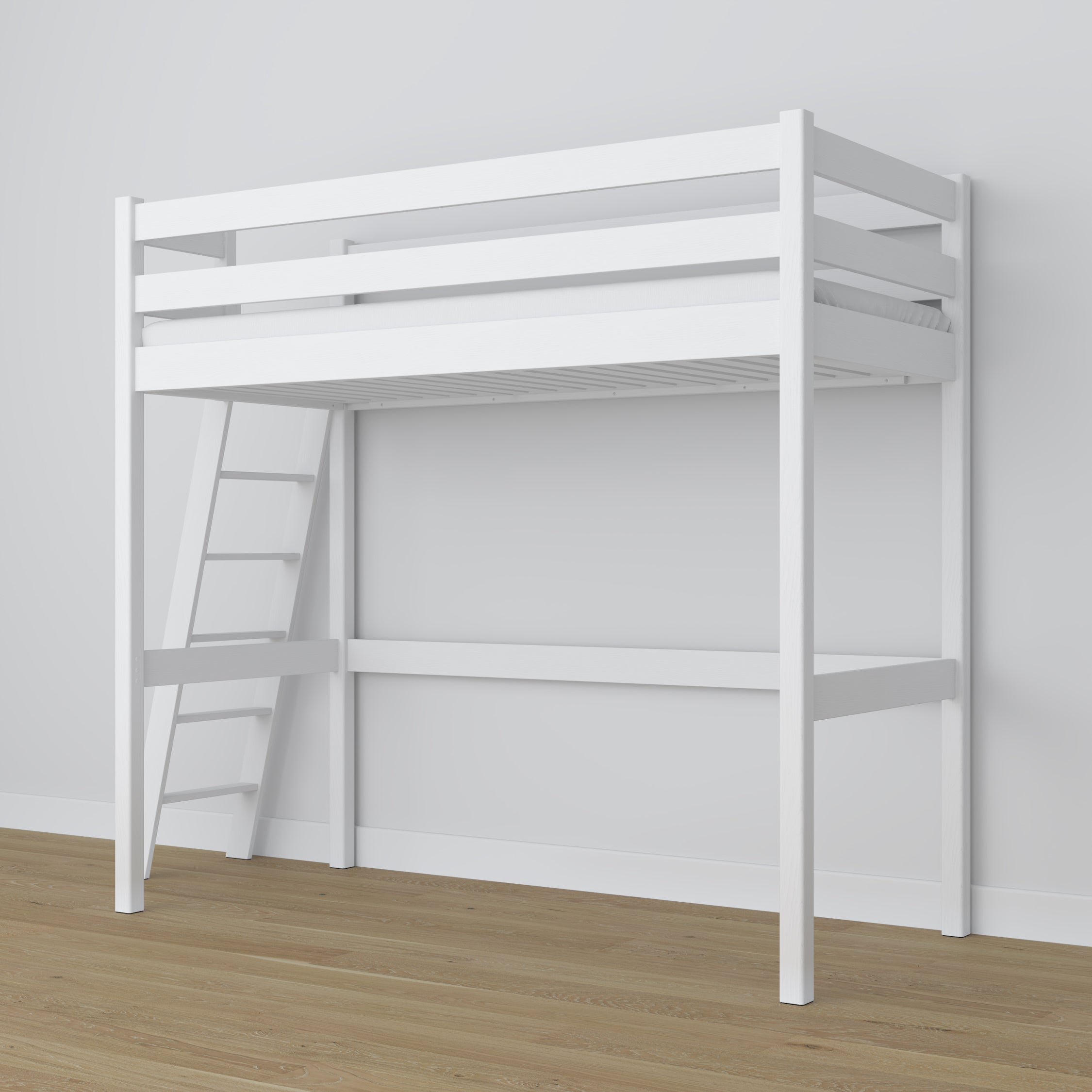 Letto a soppalco in legno bianco – struttura con doghe, vista laterale