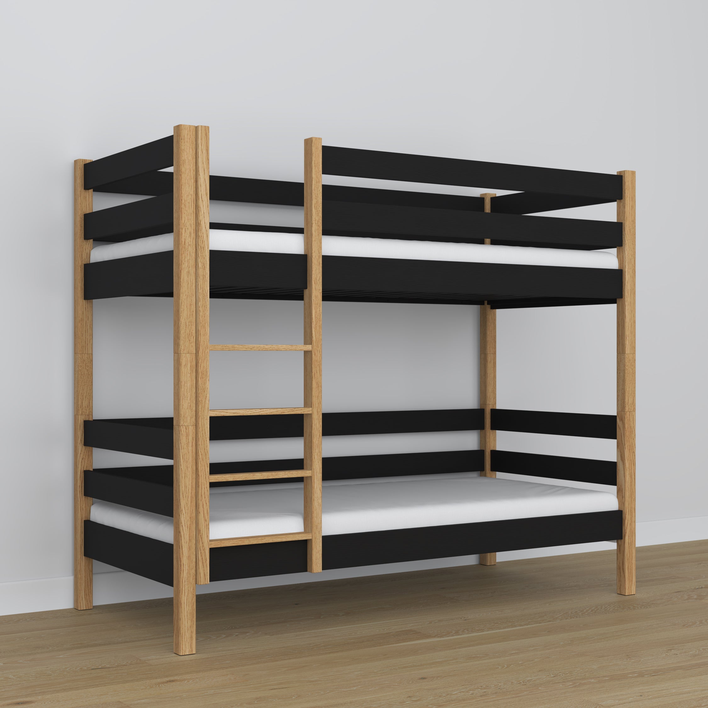 Black and Oak Wooden Bunk Bed – Close-up of Joints and Wood Details