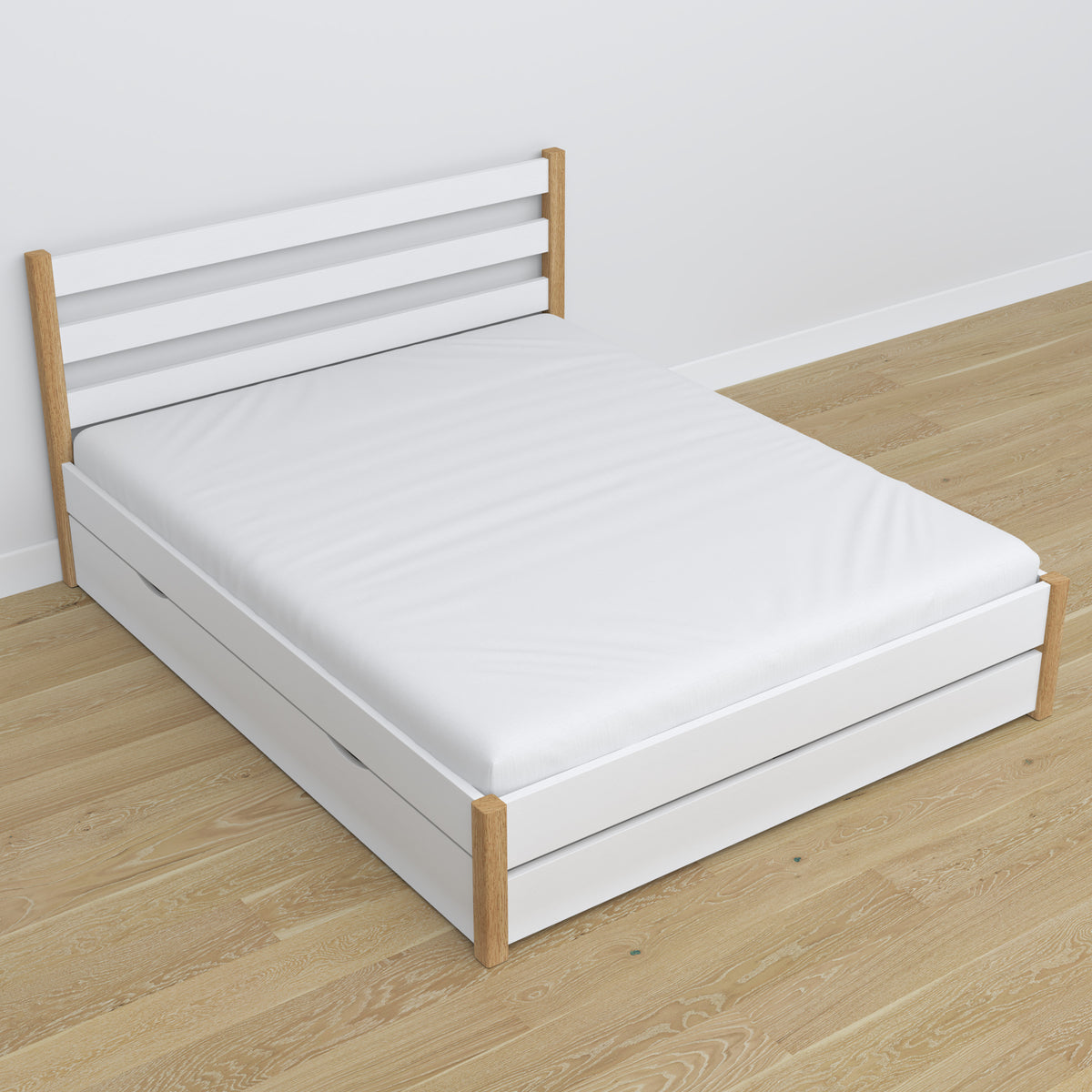 Letto matrimoniale bianco con quercia – gambe e base in legno, dettaglio