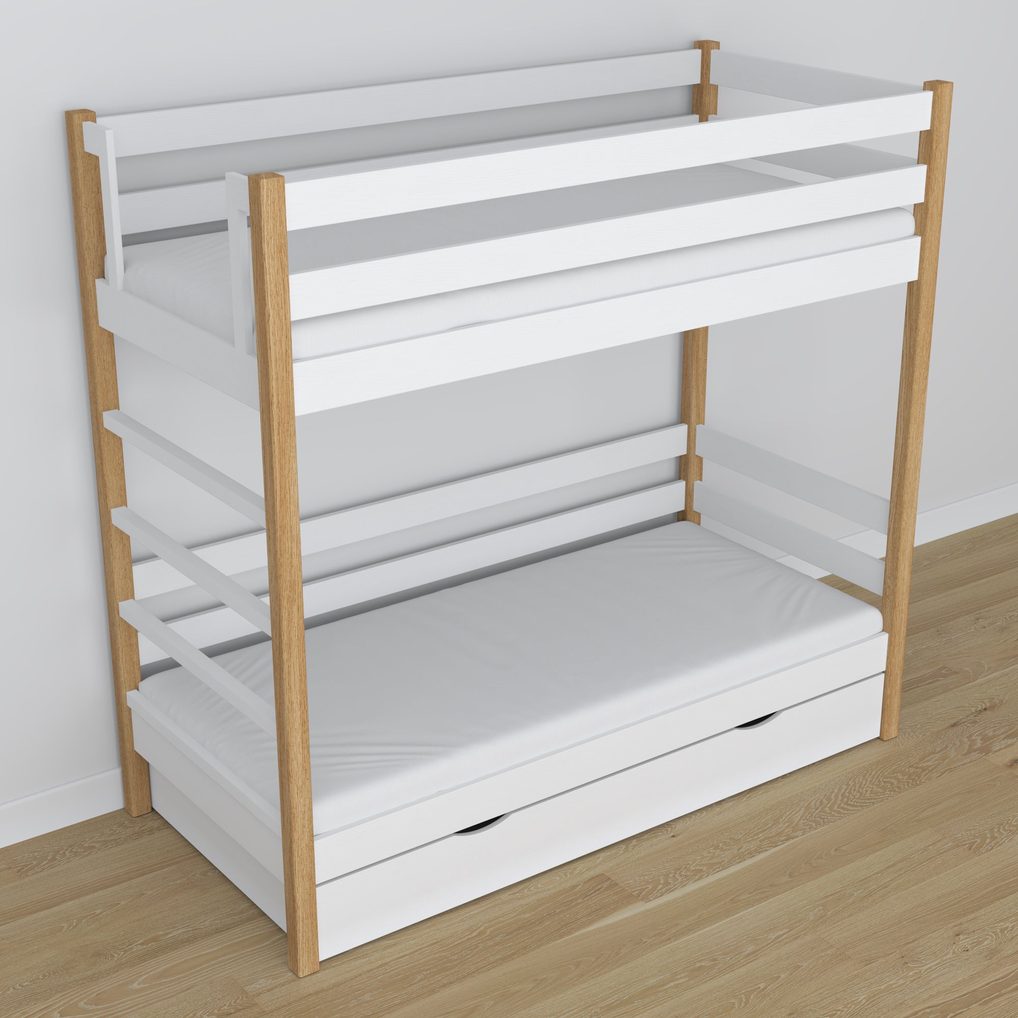 Letto a castello in legno bianco-quercia con cassetto – dimensioni e schema, Nizio