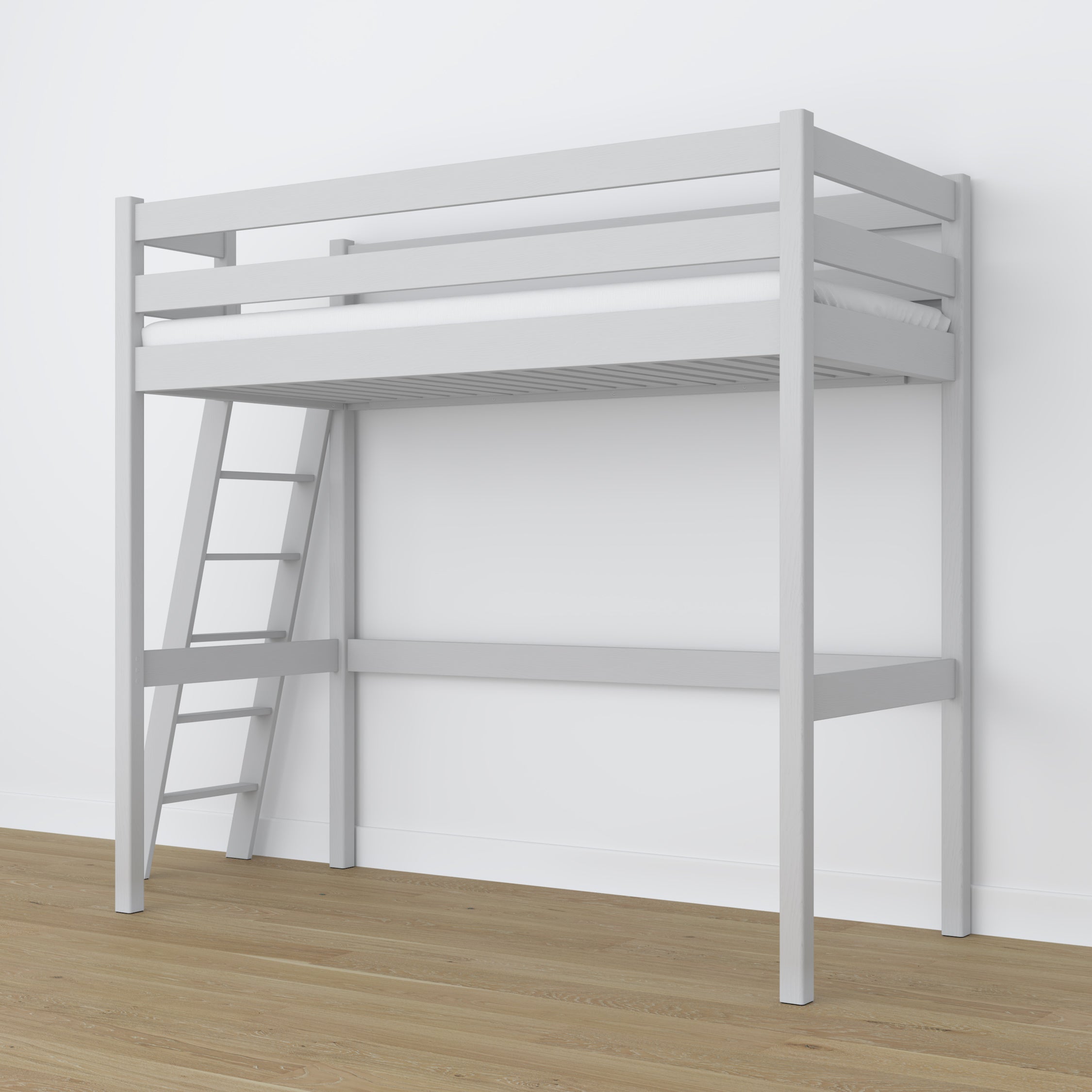 Letto a soppalco grigio in legno – vista dall'alto su camera da letto