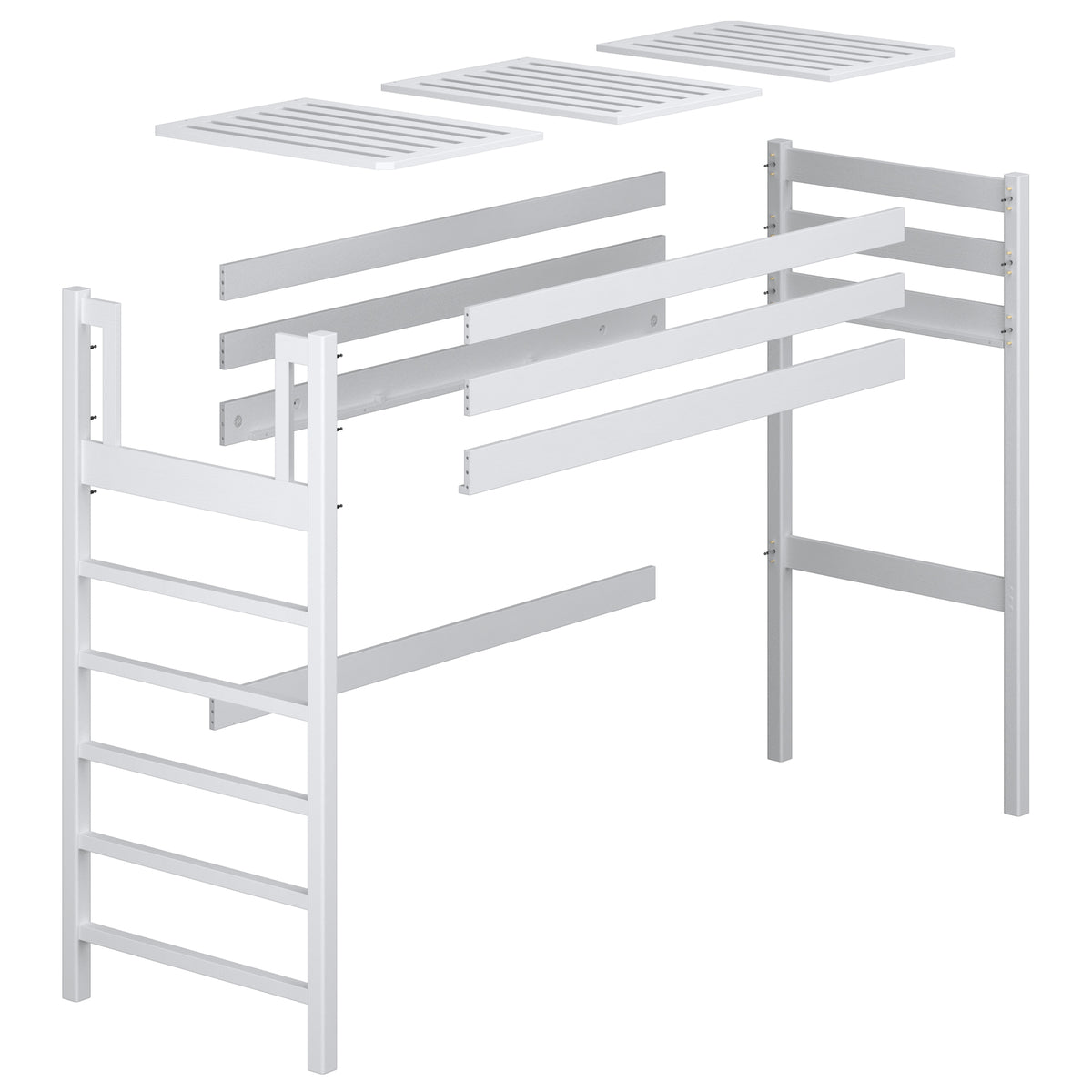 Loft bed grey – wooden posts and joints, close-up on quality