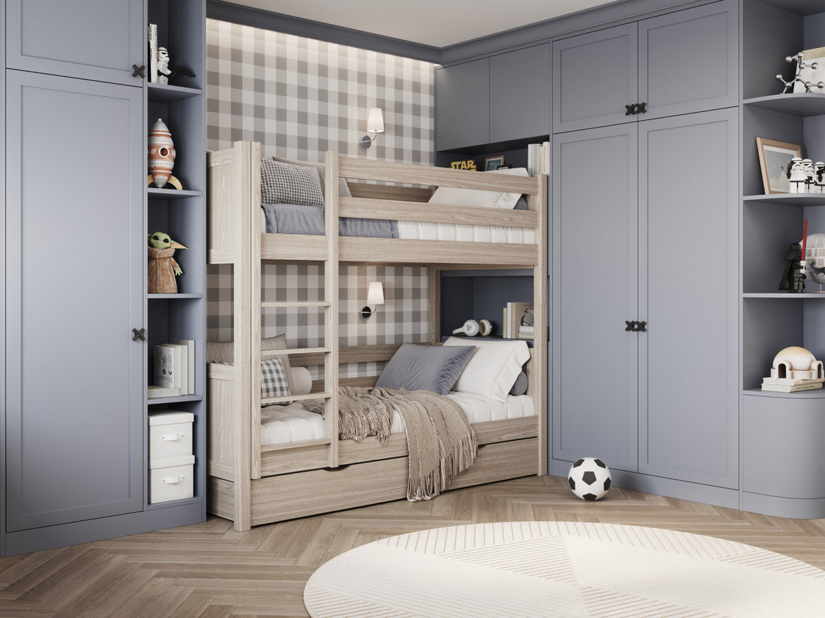 Oak Bunk Bed Bleached Oak – Open Drawer, Spacious Storage Under the Bed