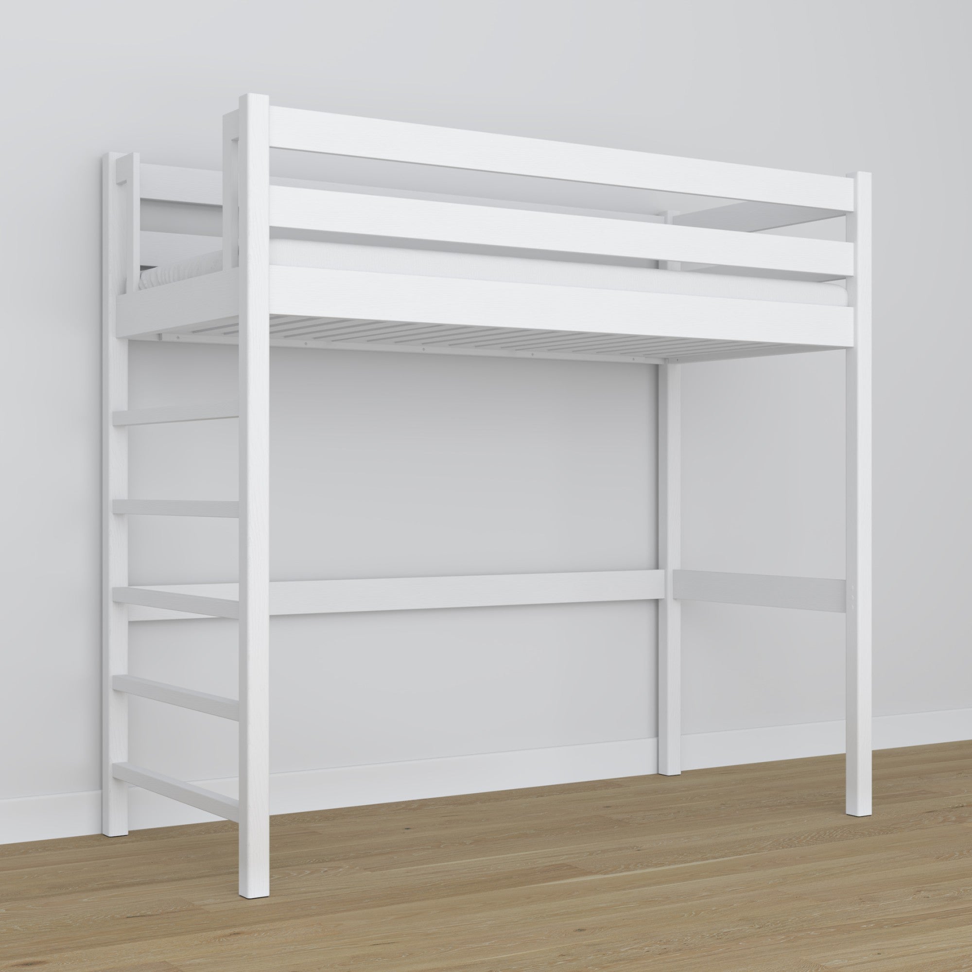 Letto a soppalco N01 bianco laterale scala legno massello, letto per nella stanza per ragazzi e per bambini