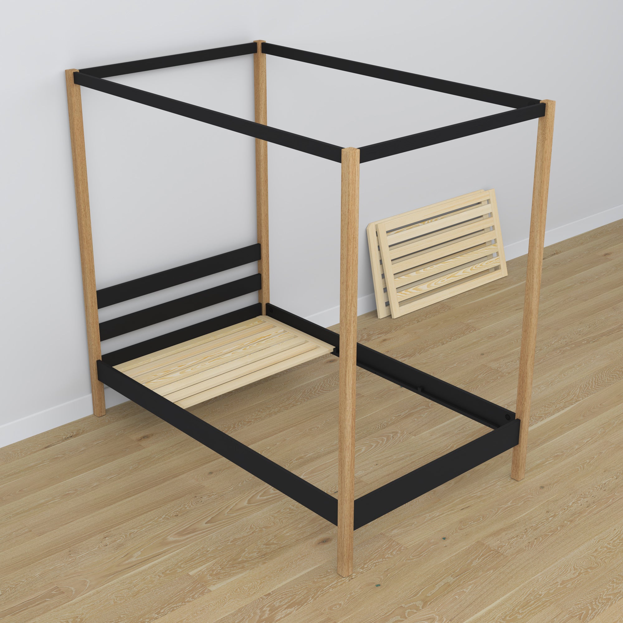 Letto nero-quercia con baldacchino in nella cameretta dei bambini – allestimento scandi