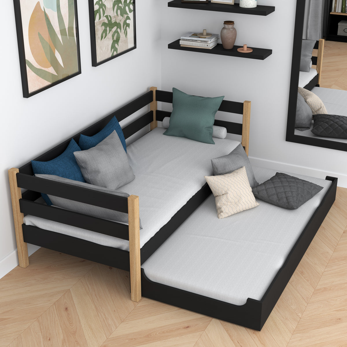 Łóżko sofa z szufladą na materac N01 czarno dębowy – widok z boku, solidna konstrukcja drewniana