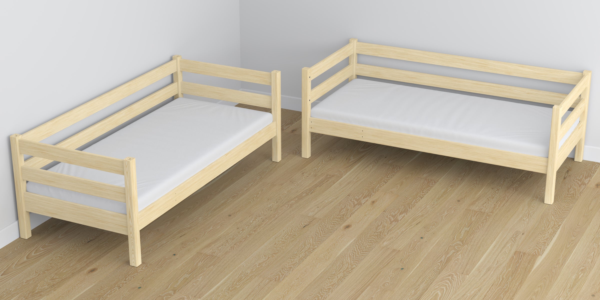 Letto a castello in legno pino trasparente – dettaglio giunzioni e scala, stanza per bambini