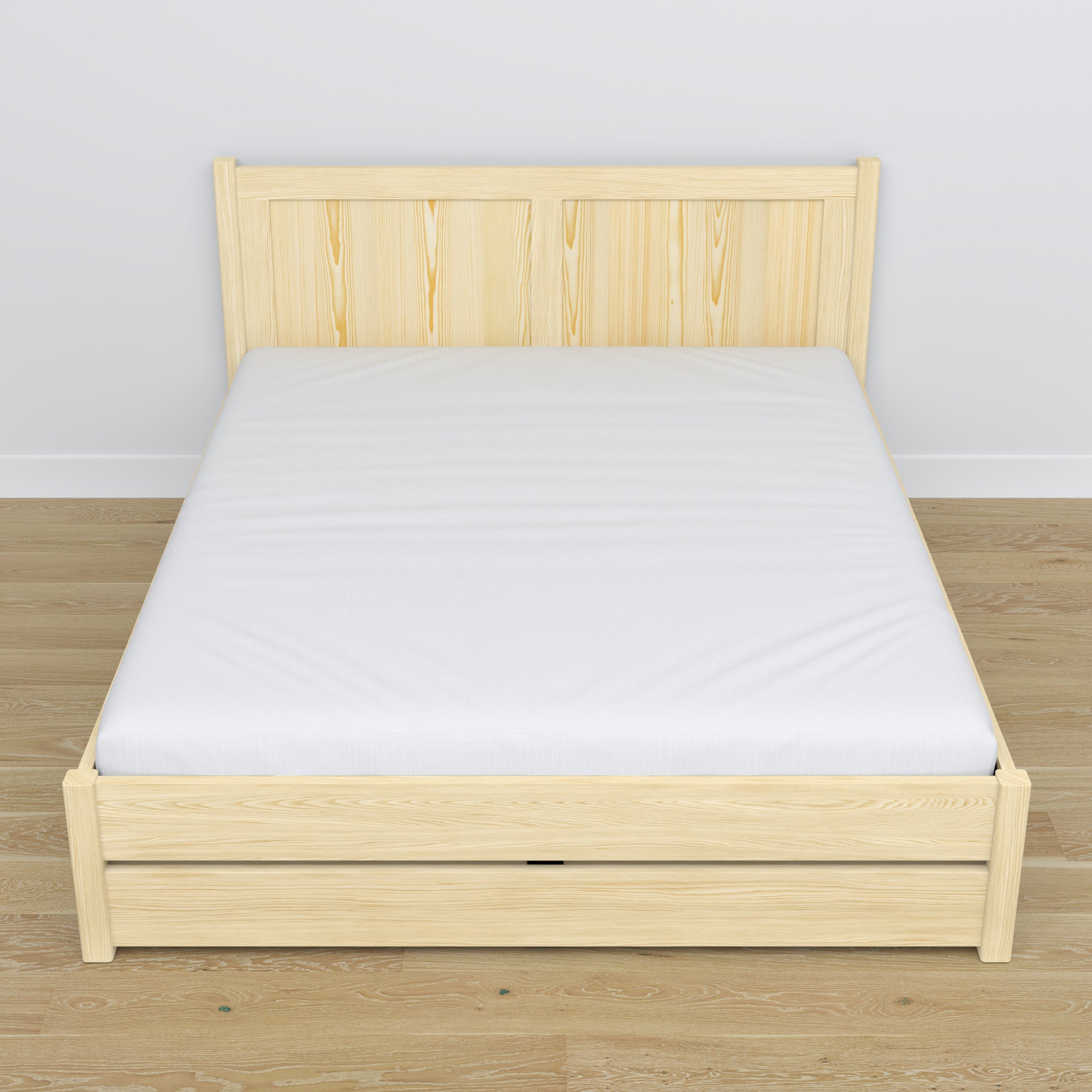 Double bed with wooden drawer clear pine – angled view, scandi bedroom