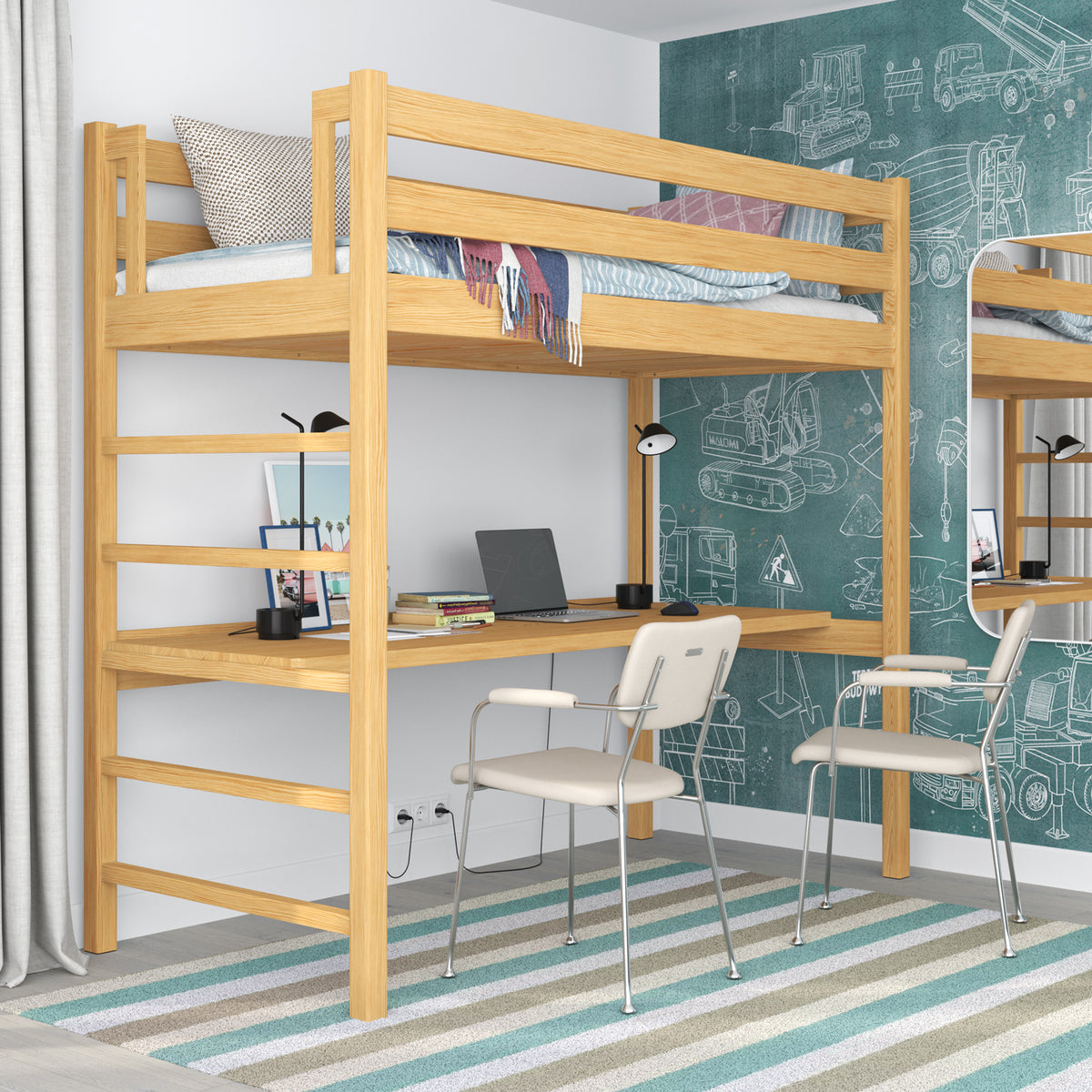 Natural Pine Wooden Loft Bed with Desk – Ladder and Safety Rail