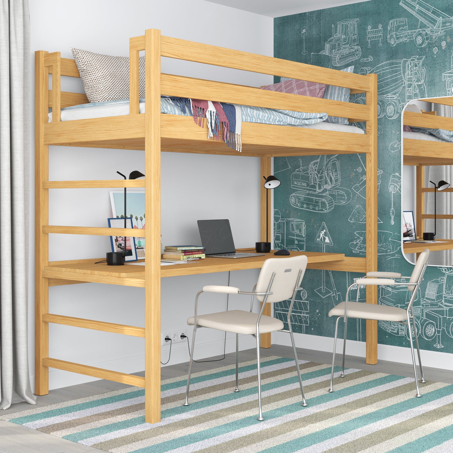 Natural Pine Wooden Loft Bed with Desk – Ladder and Safety Rail