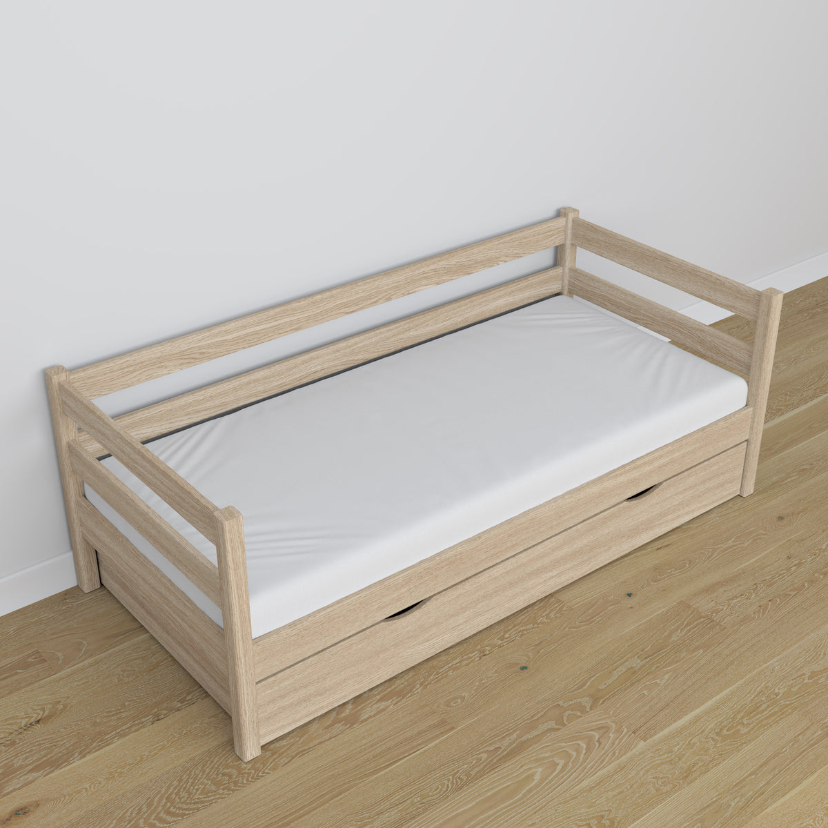 Oak sofa bed with drawer bleached oak – child’s room, scandi arrangement