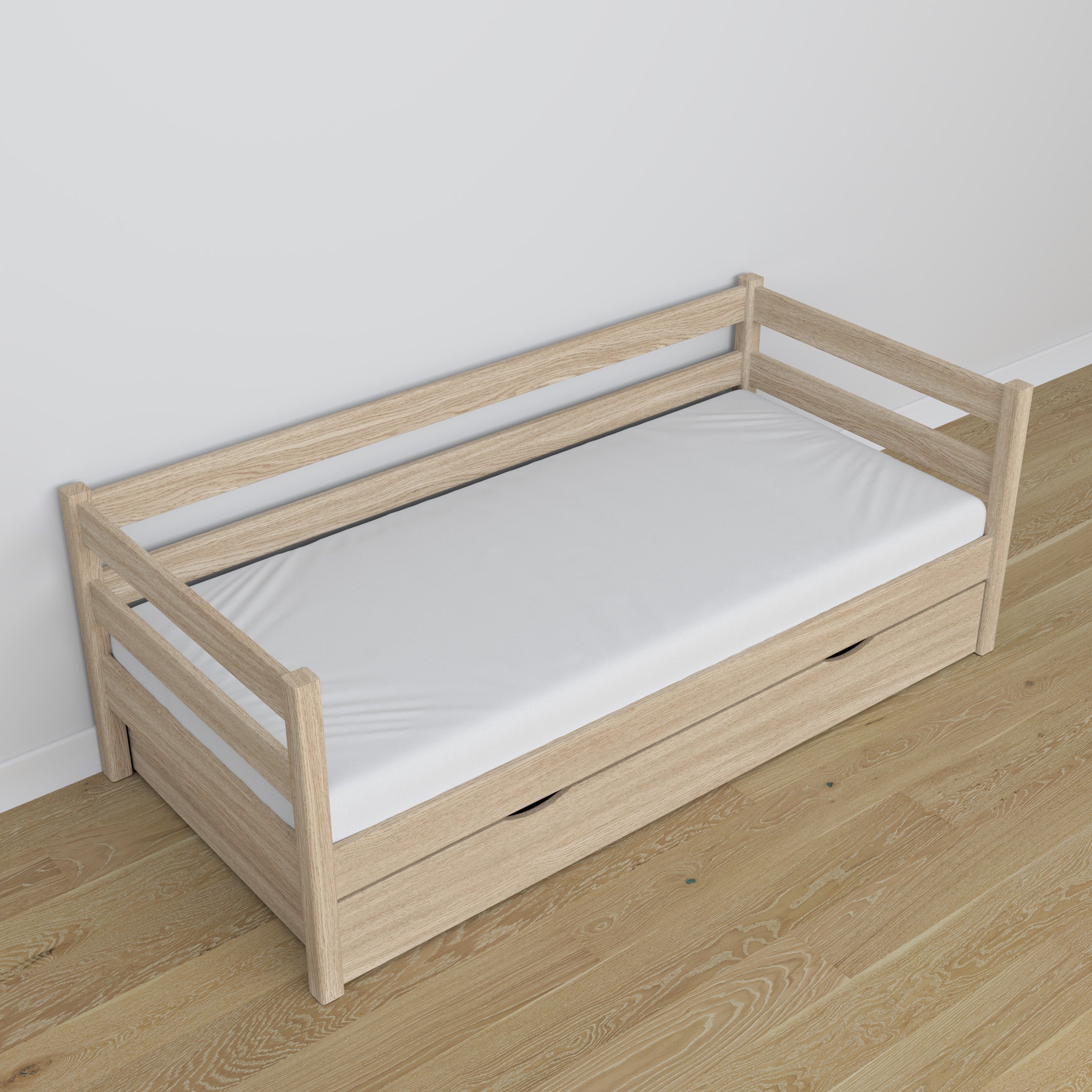 Oak sofa bed with drawer bleached oak – child’s room, scandi arrangement