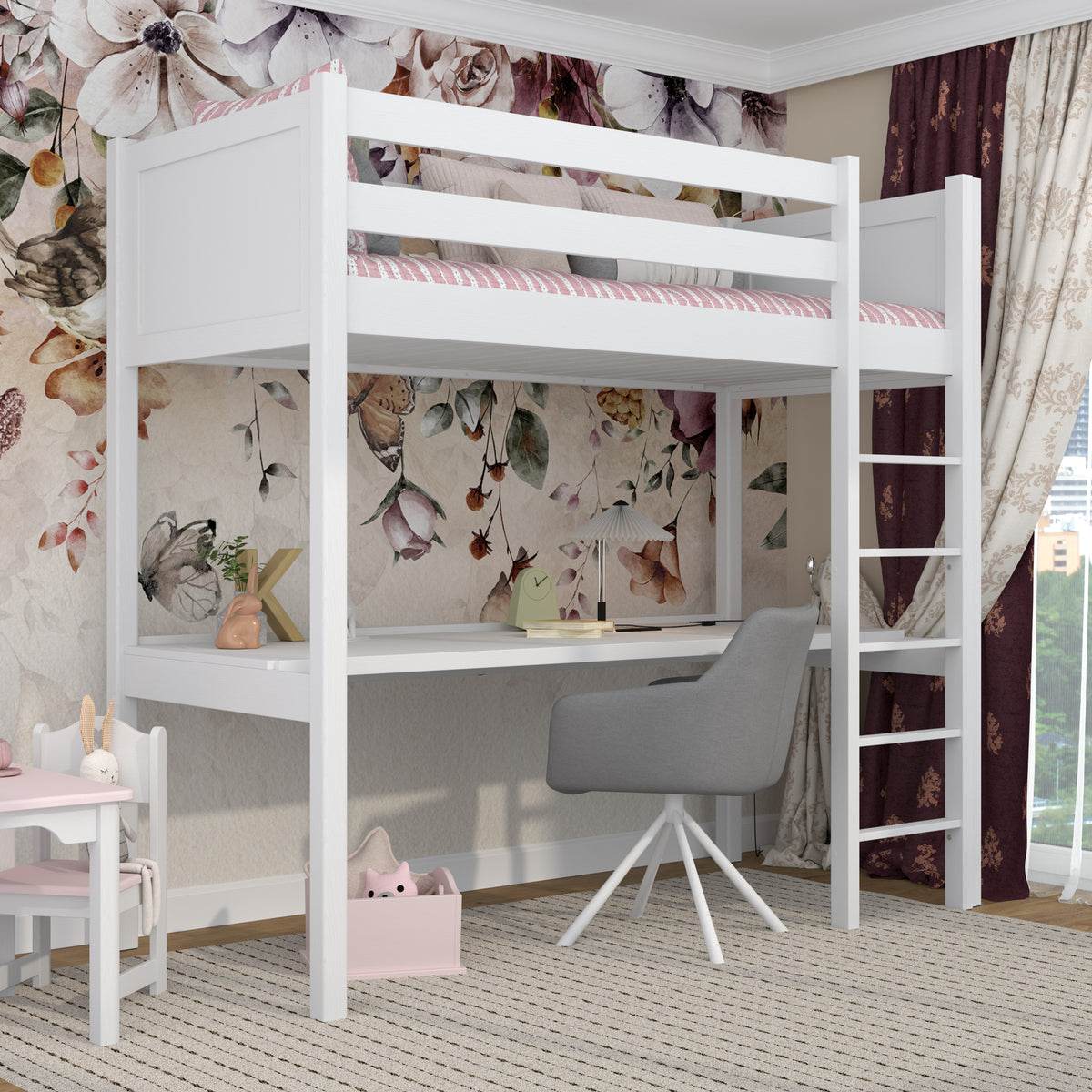 Letto a soppalco bianco – scrivania in legno sotto camera da letto, stanza per bambini scandi