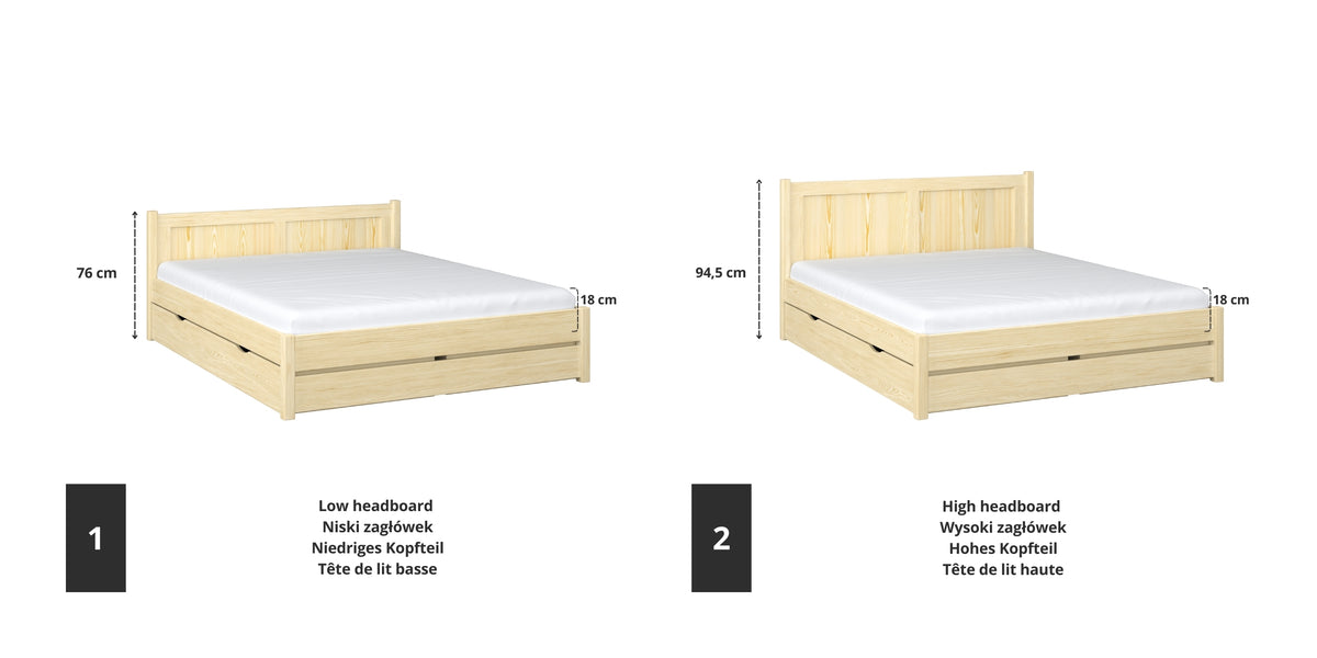 Wooden double bed clear pine – joint and drawer details, Nizio
