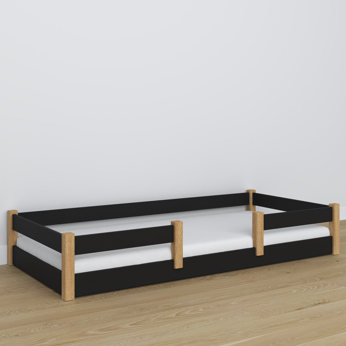 Letto basso in legno nero-quercia – dettaglio giunzioni, Nizio Home