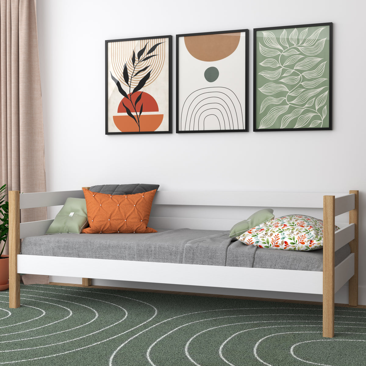 Letto divano bianco-quercia in nella cameretta dei bambini – allestimento scandi, in legno