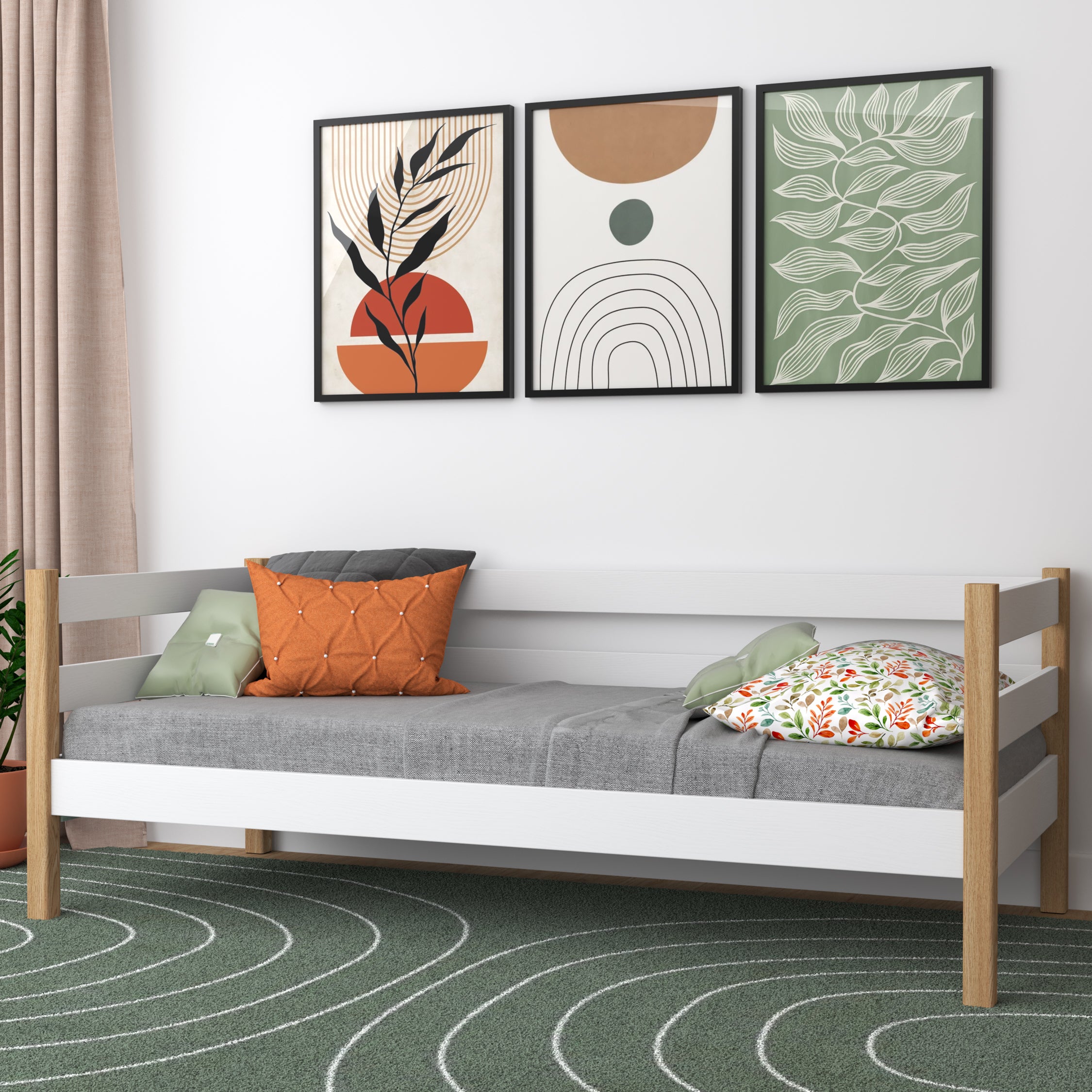 Letto divano bianco-quercia in nella cameretta dei bambini – allestimento scandi, in legno