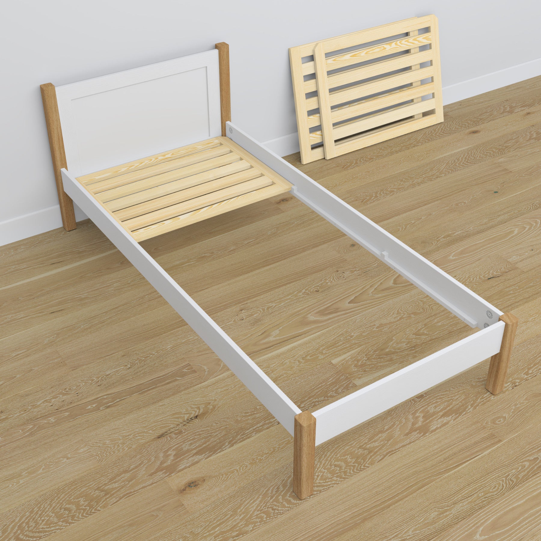 Single wooden bed white-oak – angled view, scandi children’s room