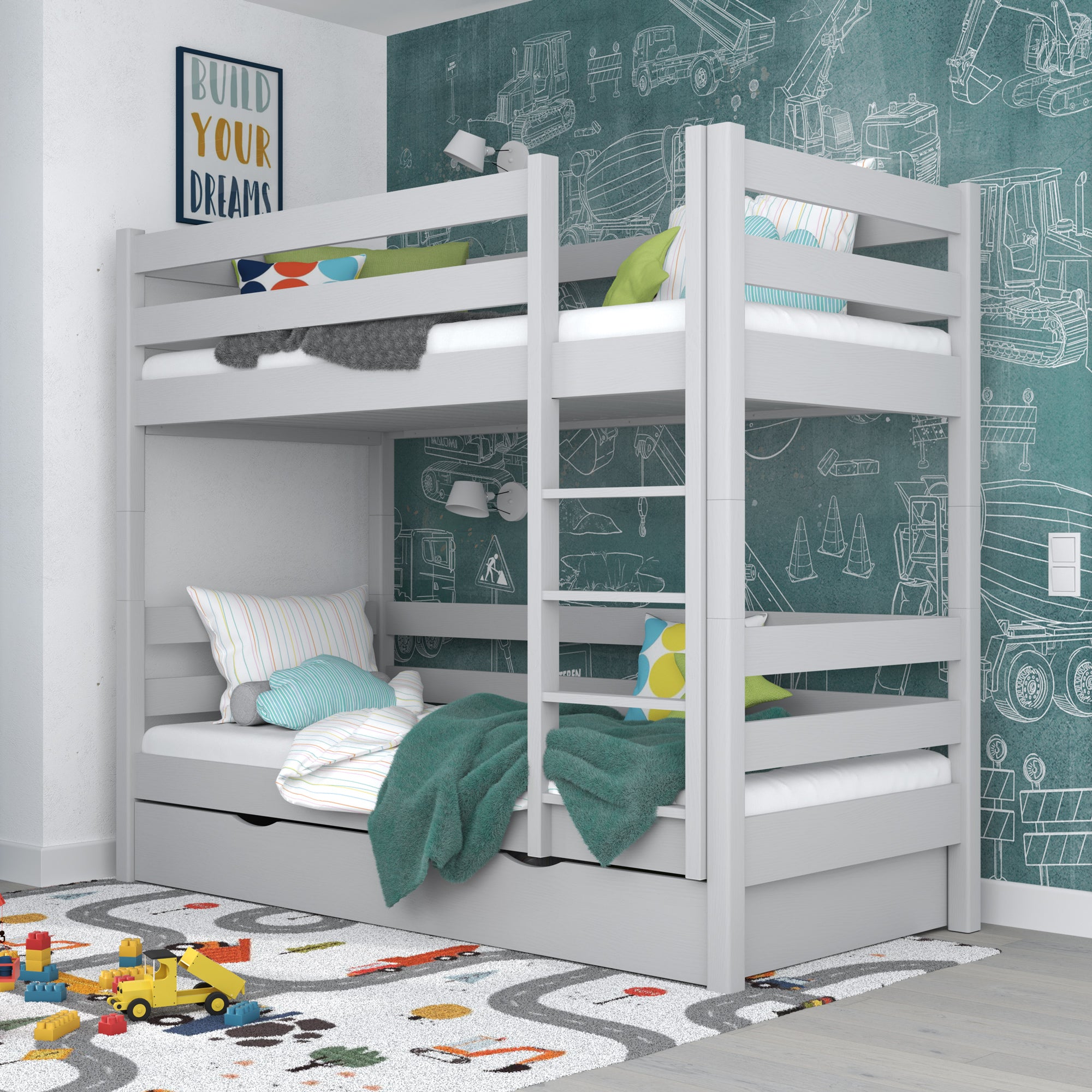 Letto a castello in legno grigio – cassetto aperto, capiente vano sotto letto