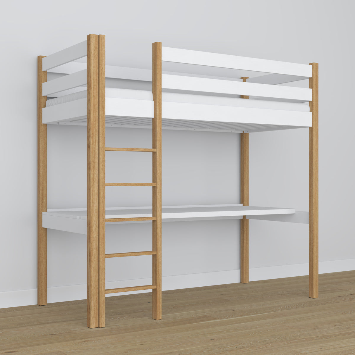 Letto a soppalco con scrivania in legno bianco-quercia – scala e sponda di protezione