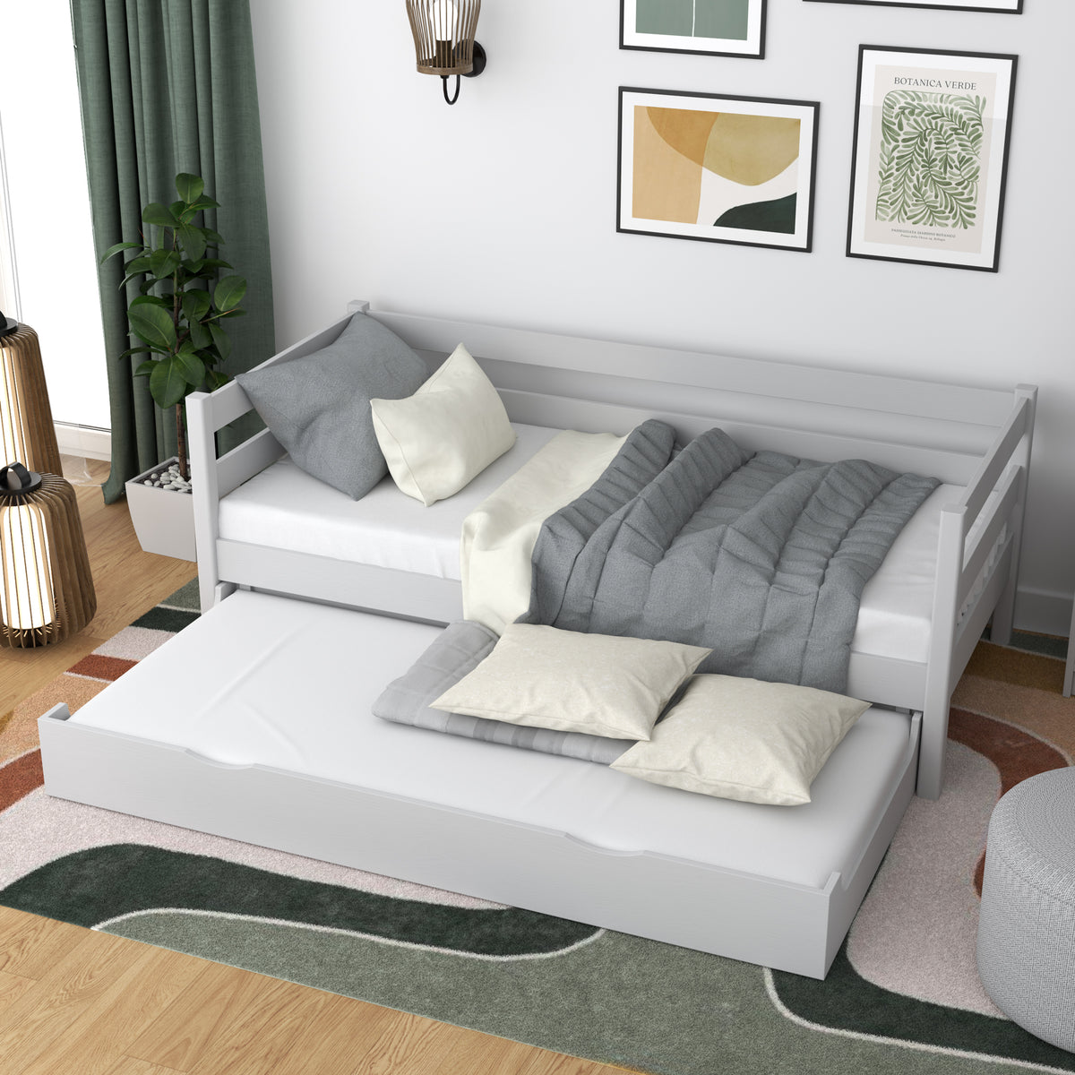 Łóżko sofa drewniane popielaty – szuflada na materac wysunięta, dla gości