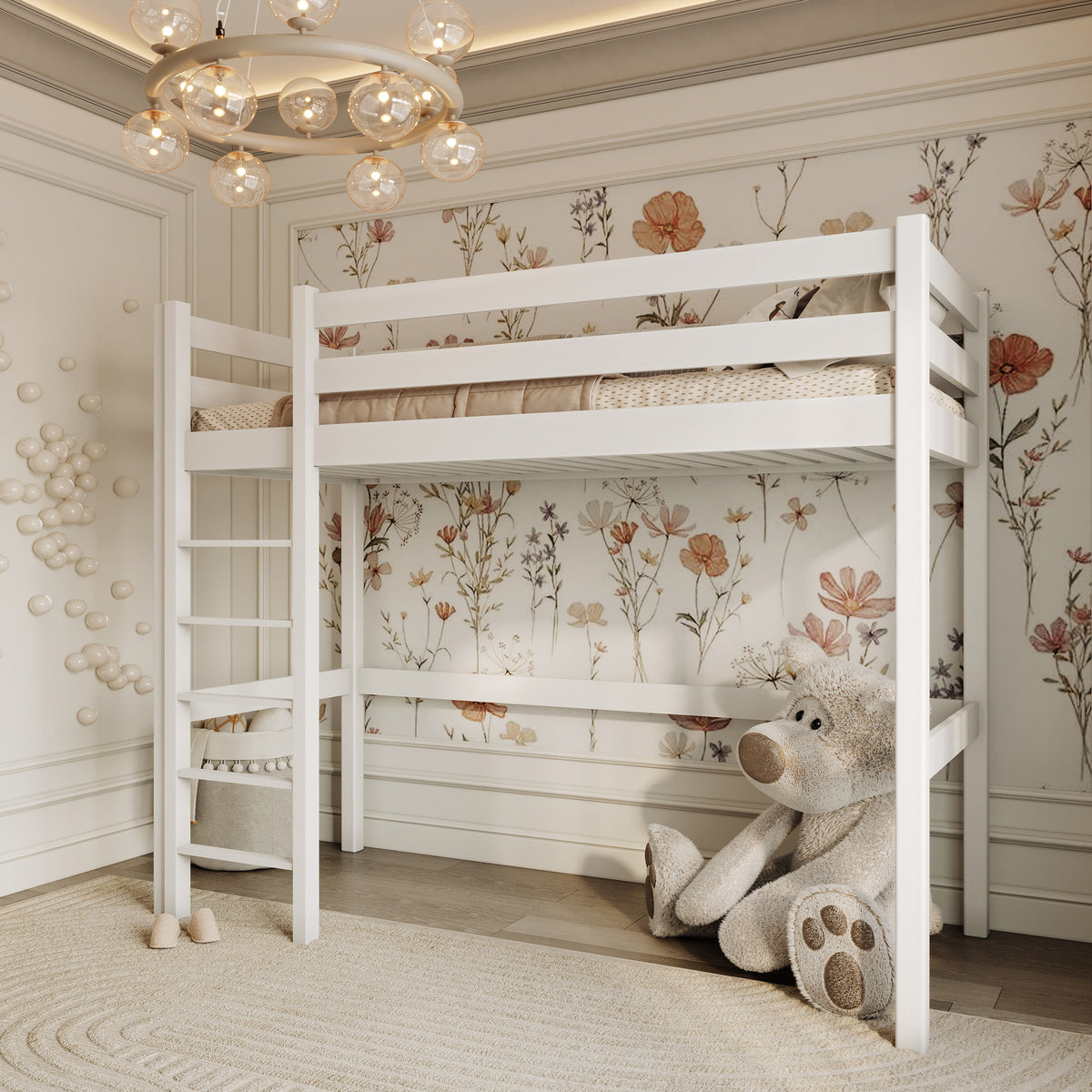 Letto a soppalco in legno bianco – spazio libero sotto camera da letto, Nizio