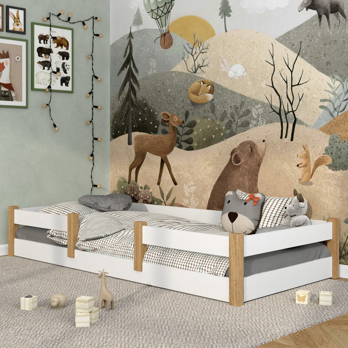 Low Bed Wooden White and Oak – Low Frame, Side View, Scandi Bedroom