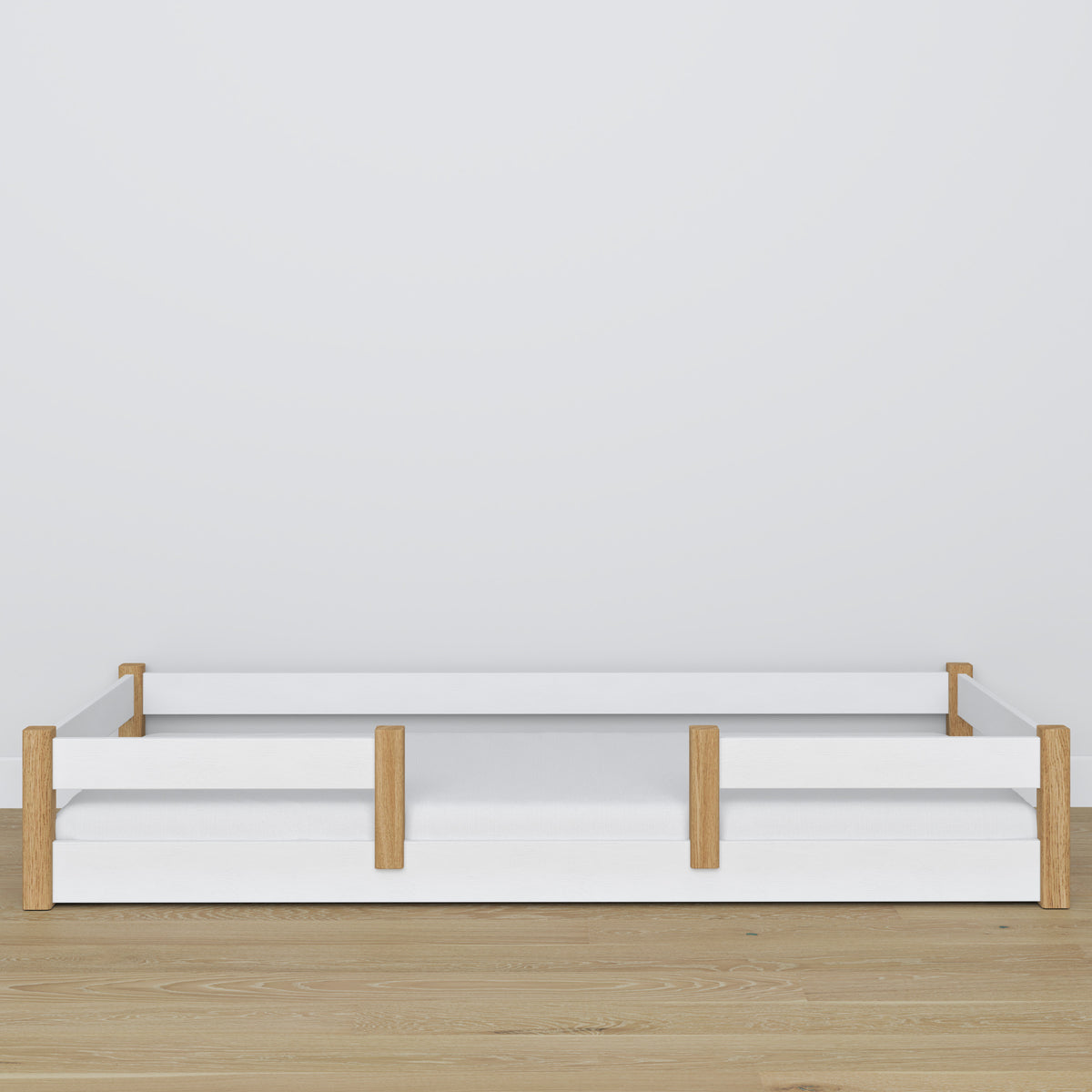 Low Bed White and Oak – Wooden Legs and Base, Close-up