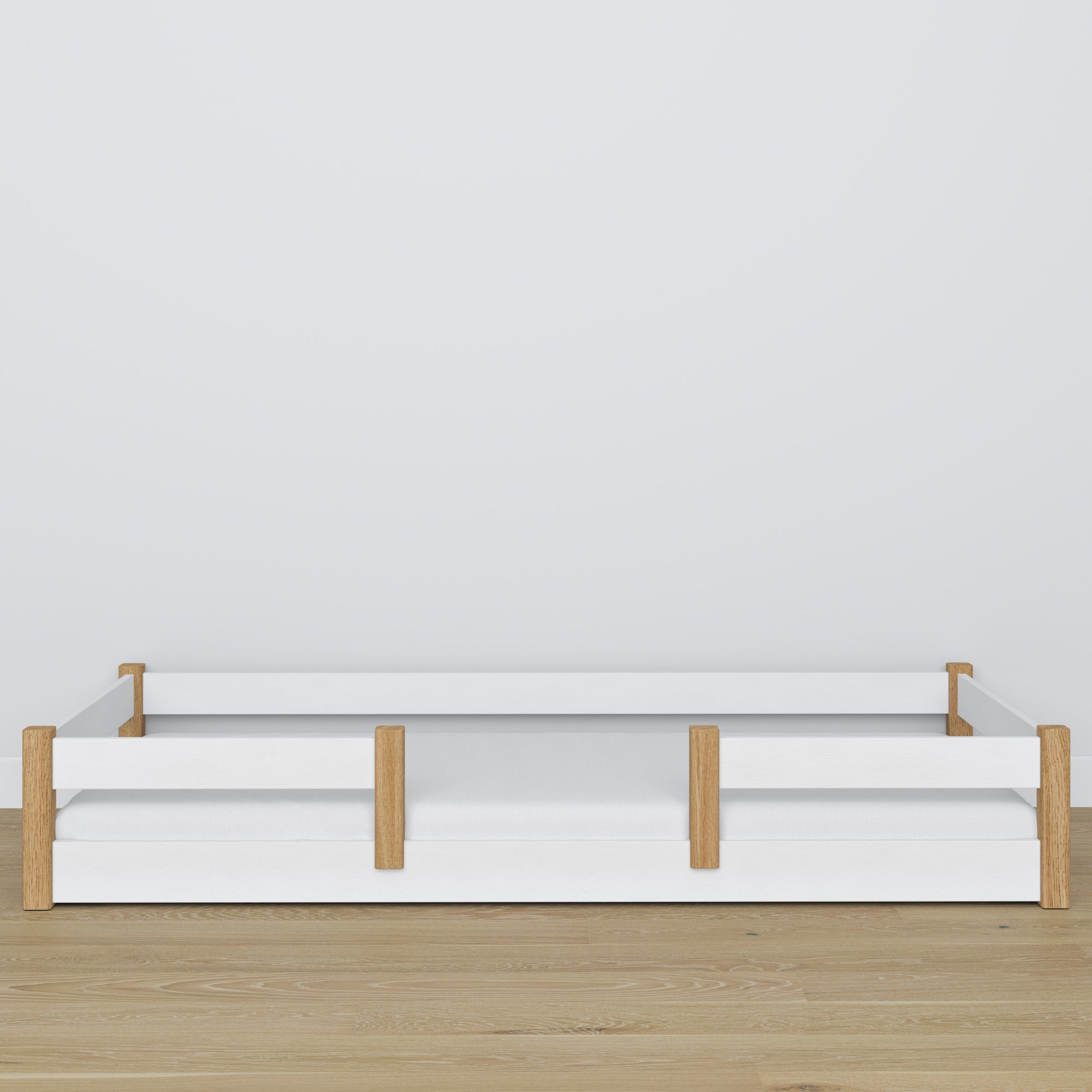 Low Bed White and Oak – Wooden Legs and Base, Close-up