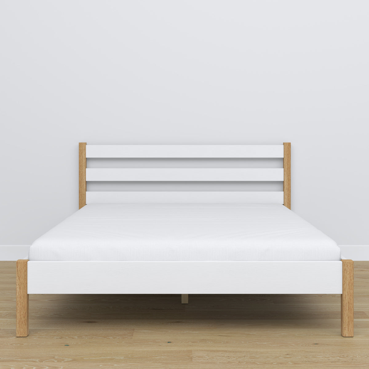 Letto matrimoniale in legno bianco-quercia – vista laterale, proporzioni e volume del mobile del mobile, camera da letto