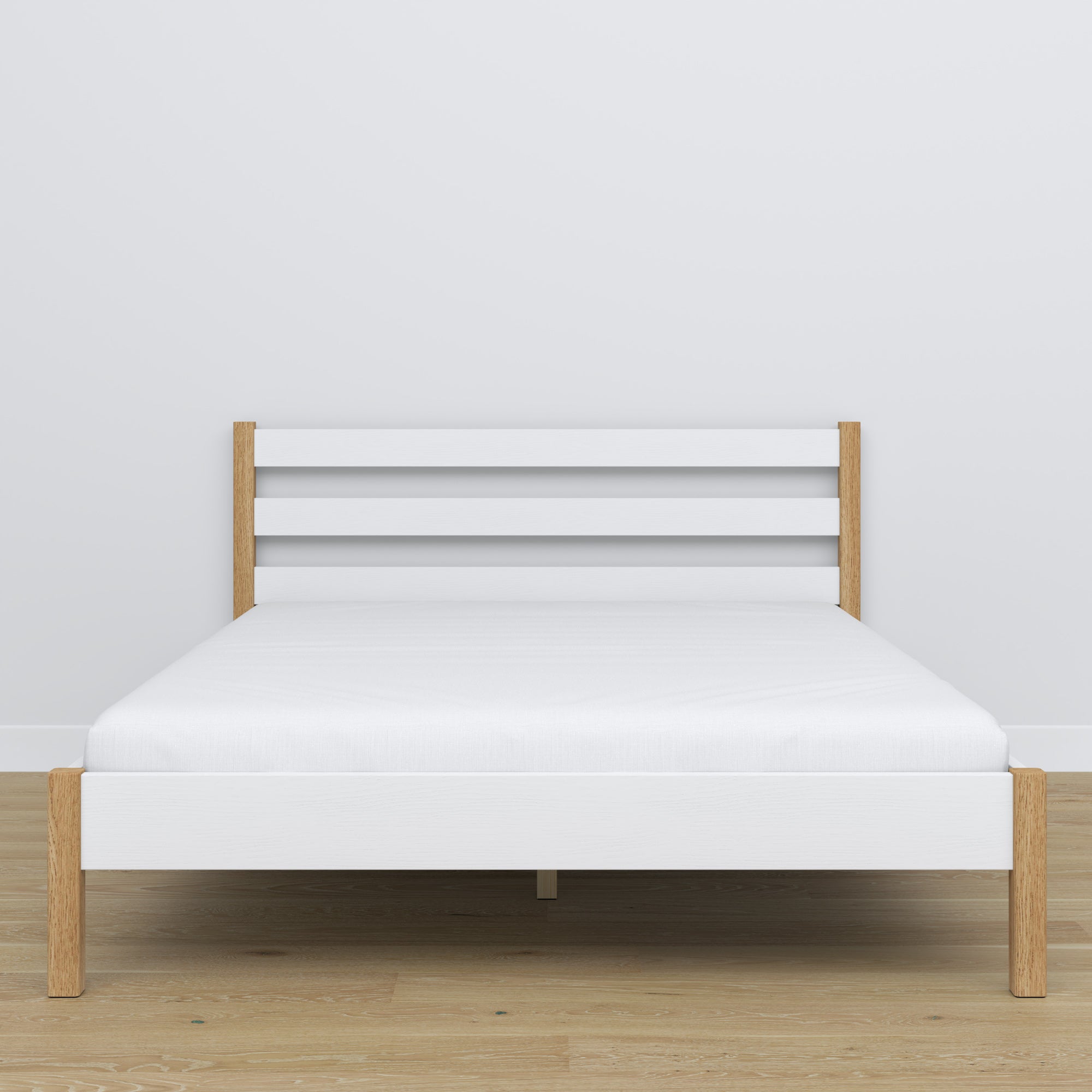 Letto matrimoniale in legno bianco-quercia – vista laterale, proporzioni e volume del mobile del mobile, camera da letto