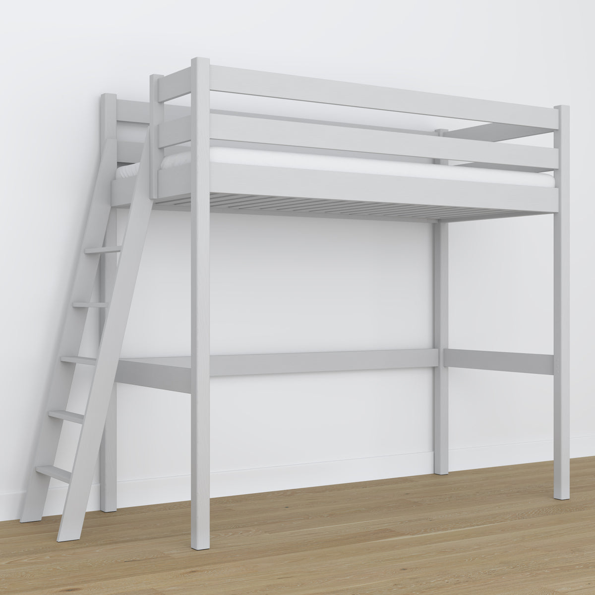 Letto a soppalco in legno grigio – spazio libero sotto camera da letto, Nizio