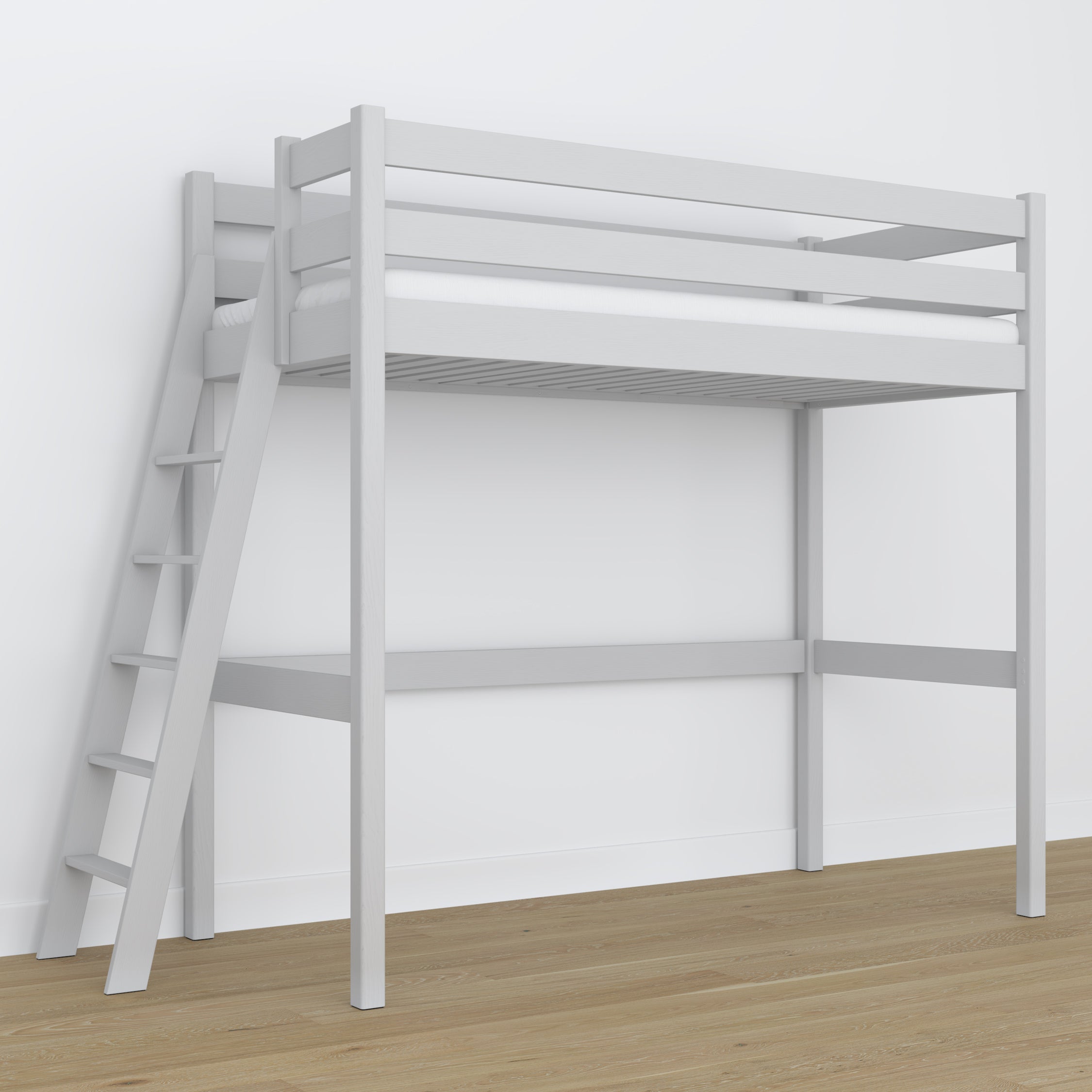 Letto a soppalco in legno grigio – spazio libero sotto camera da letto, Nizio