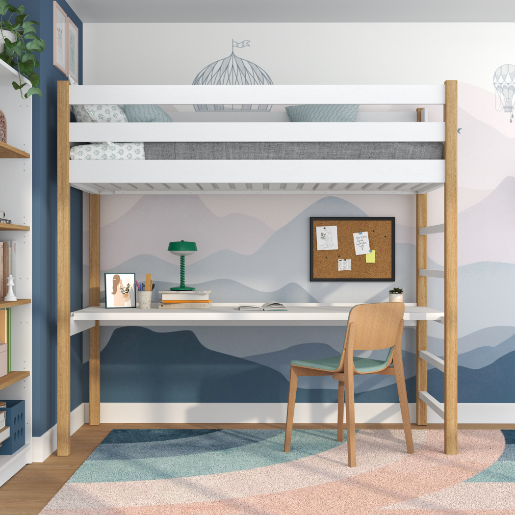 Letto a soppalco bianco-quercia con scrivania – spazio studio sotto il letto, in legno