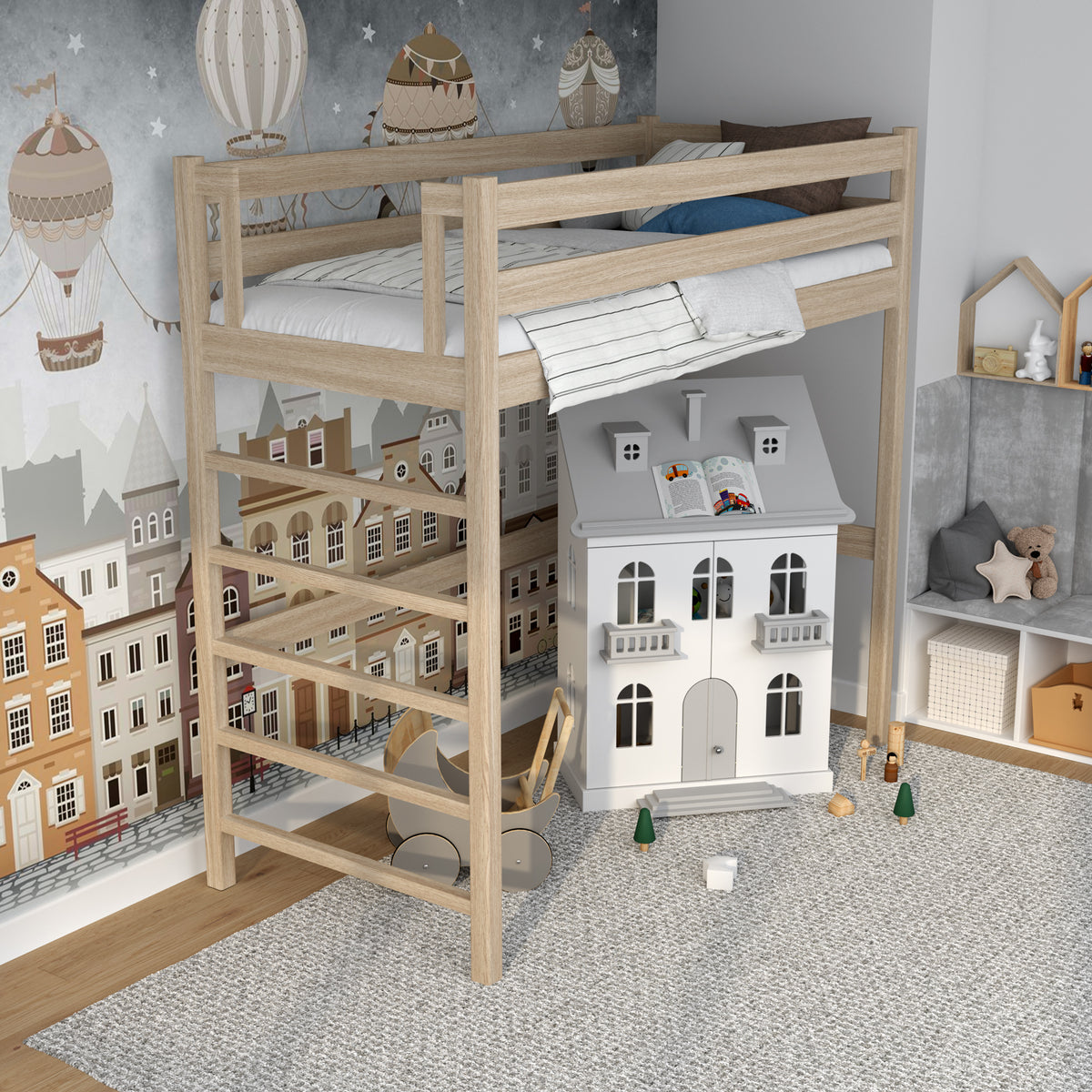 Letto a soppalco quercia sbiancata in nella cameretta dei bambini – allestimento scandi, in quercia