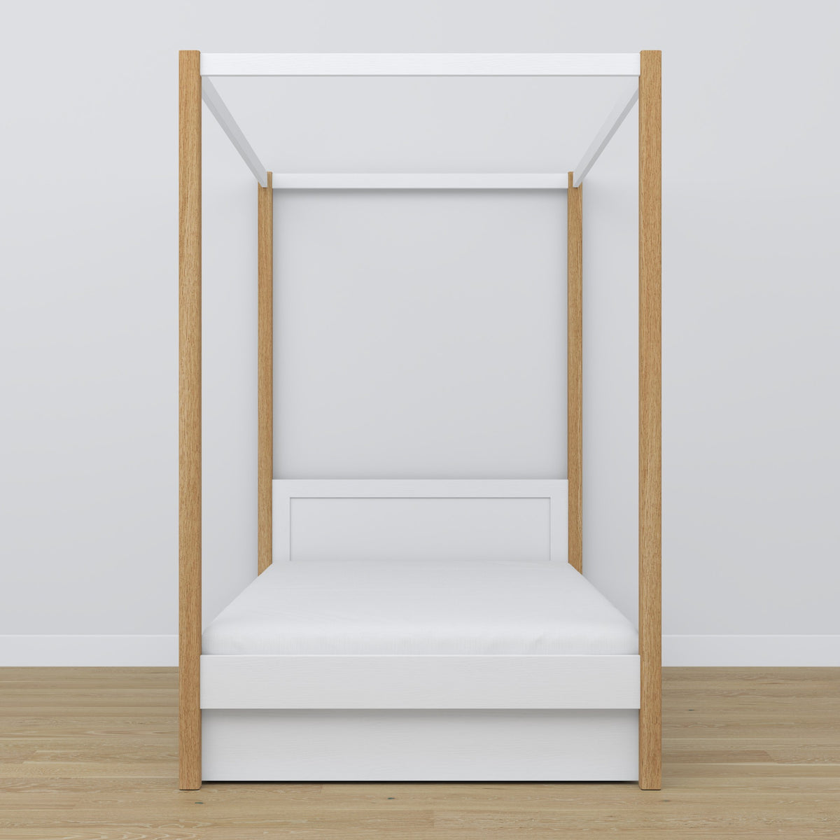 Letto bianco-quercia con baldacchino – cassetto aperto, in legno, Nizio Home