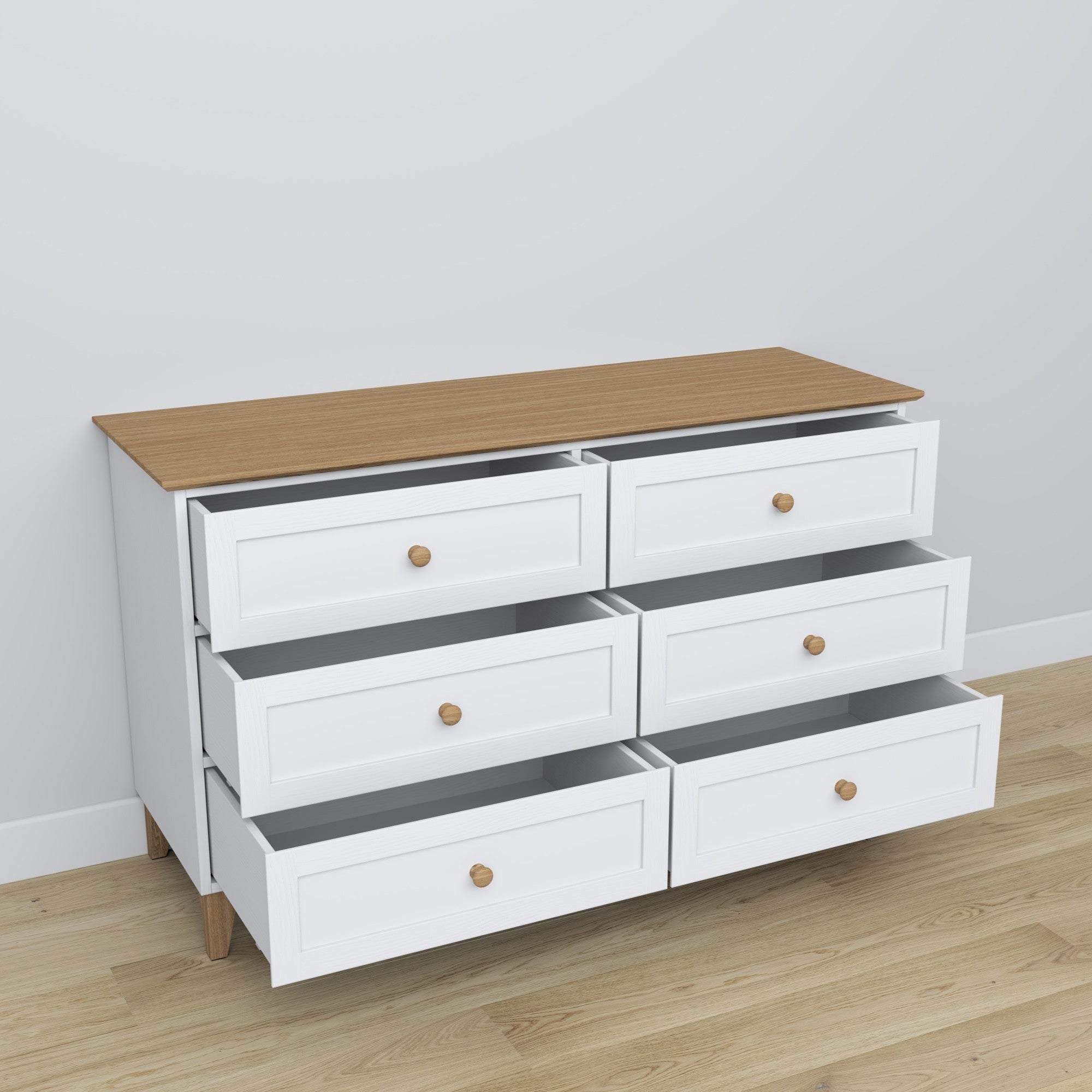 Chest of drawers 6S wooden white with oak – open drawers, spacious storage compartments