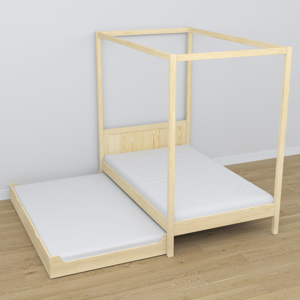 Wooden clear pine canopy bed – extended drawer, guest sleeping space