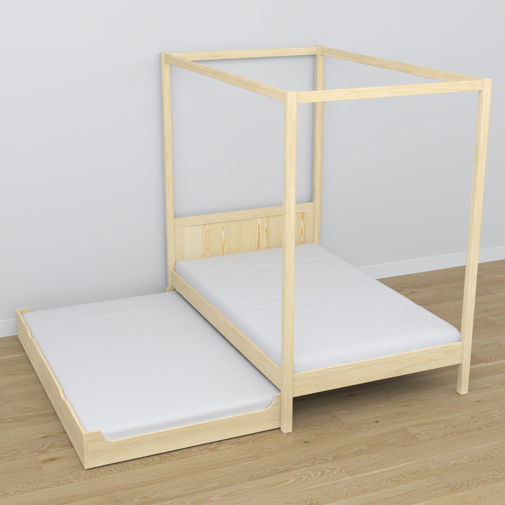 Wooden clear pine canopy bed – extended drawer, guest sleeping space