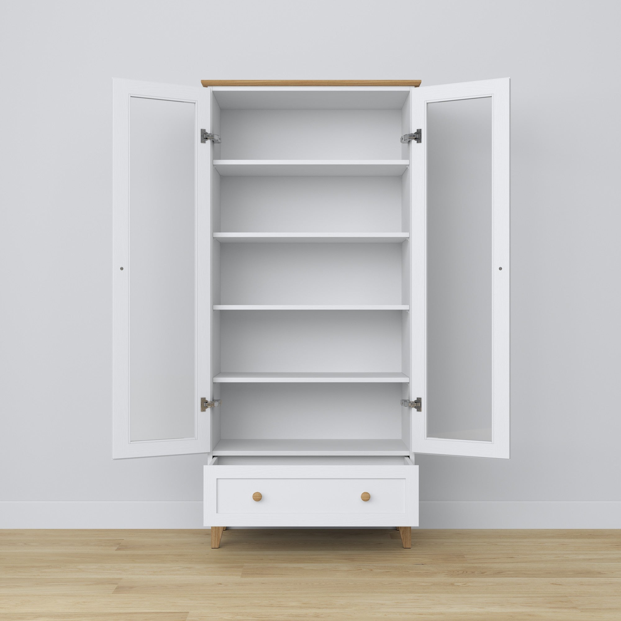 Display cabinet 1S 90 white with oak – glass door, hinges, wooden, Nizio