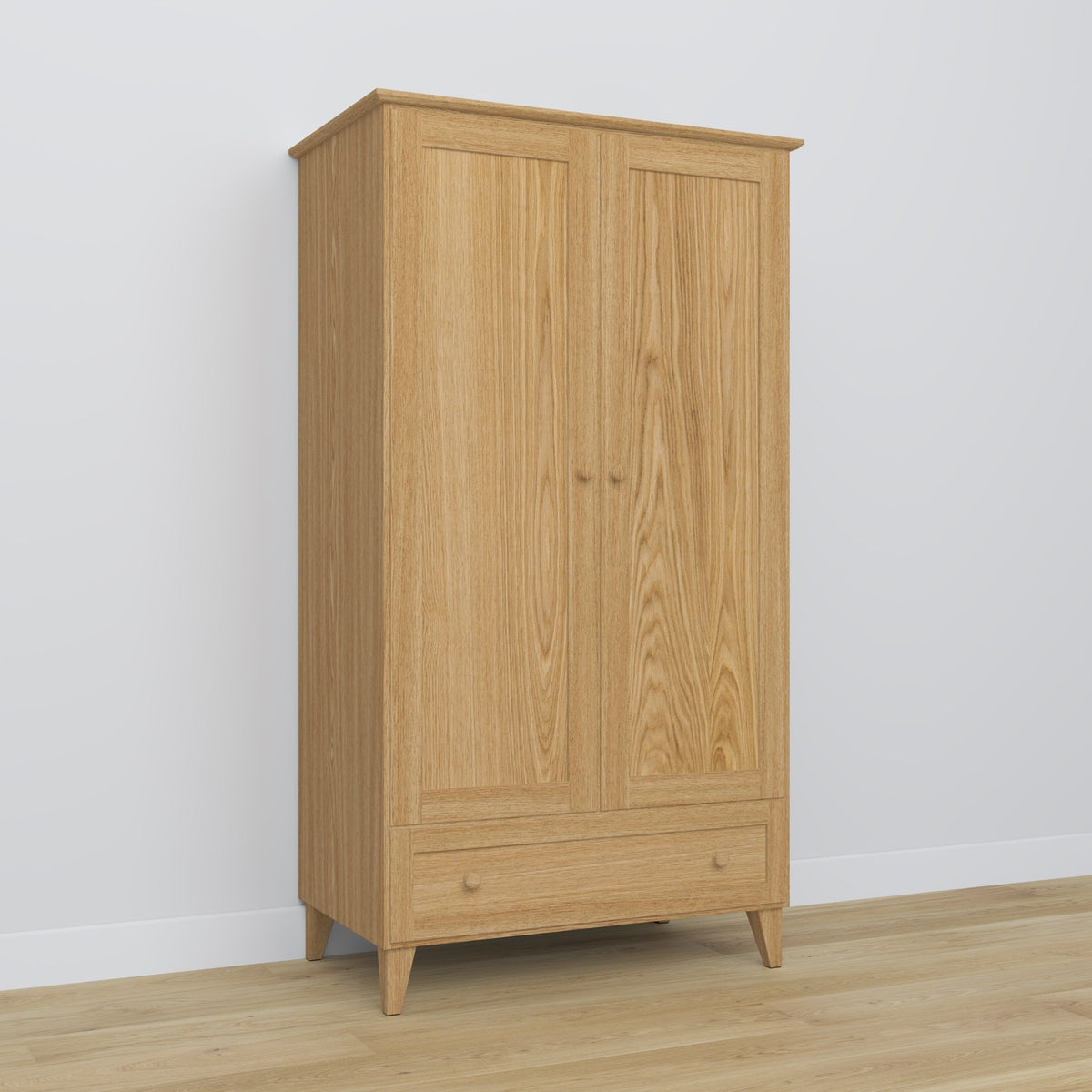 Armadio 2D1S in rovere naturale – porte aperte, asta e ripiani interne