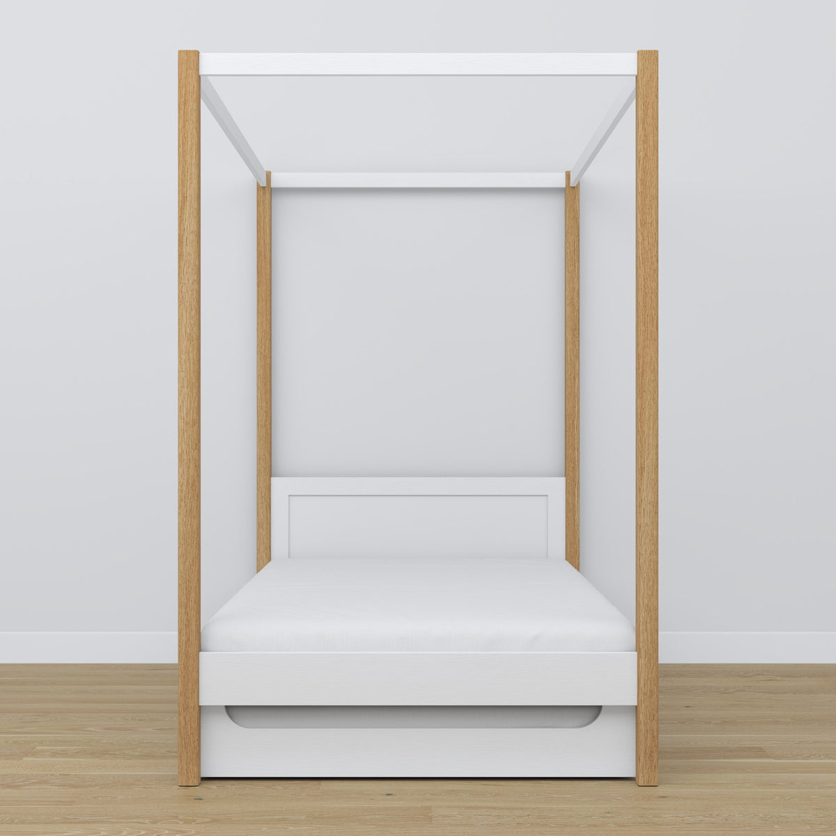 Bed white/oak canopy bed with drawer – side view, wooden, Nizio