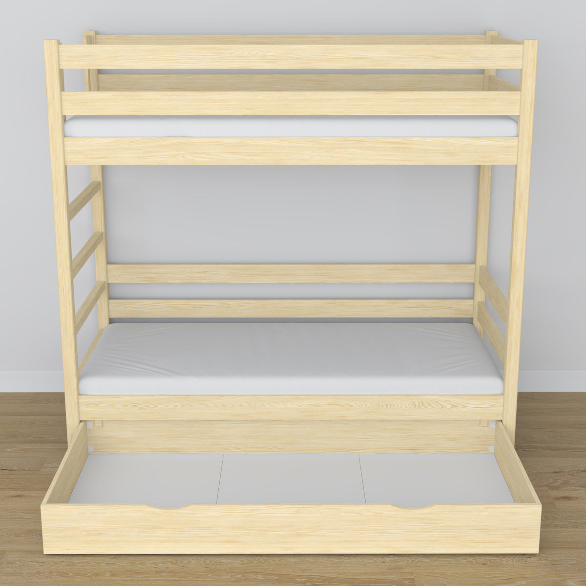 Letto a castello in legno pino trasparente con cassetto – dimensioni e schema, Nizio