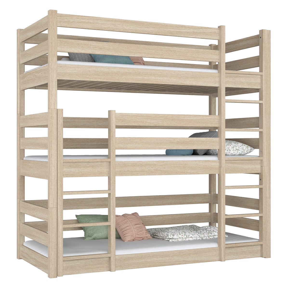 Letto 3-a castello in legno quercia sbiancata – trzy spazio per dormire, stanza per bambini scandi