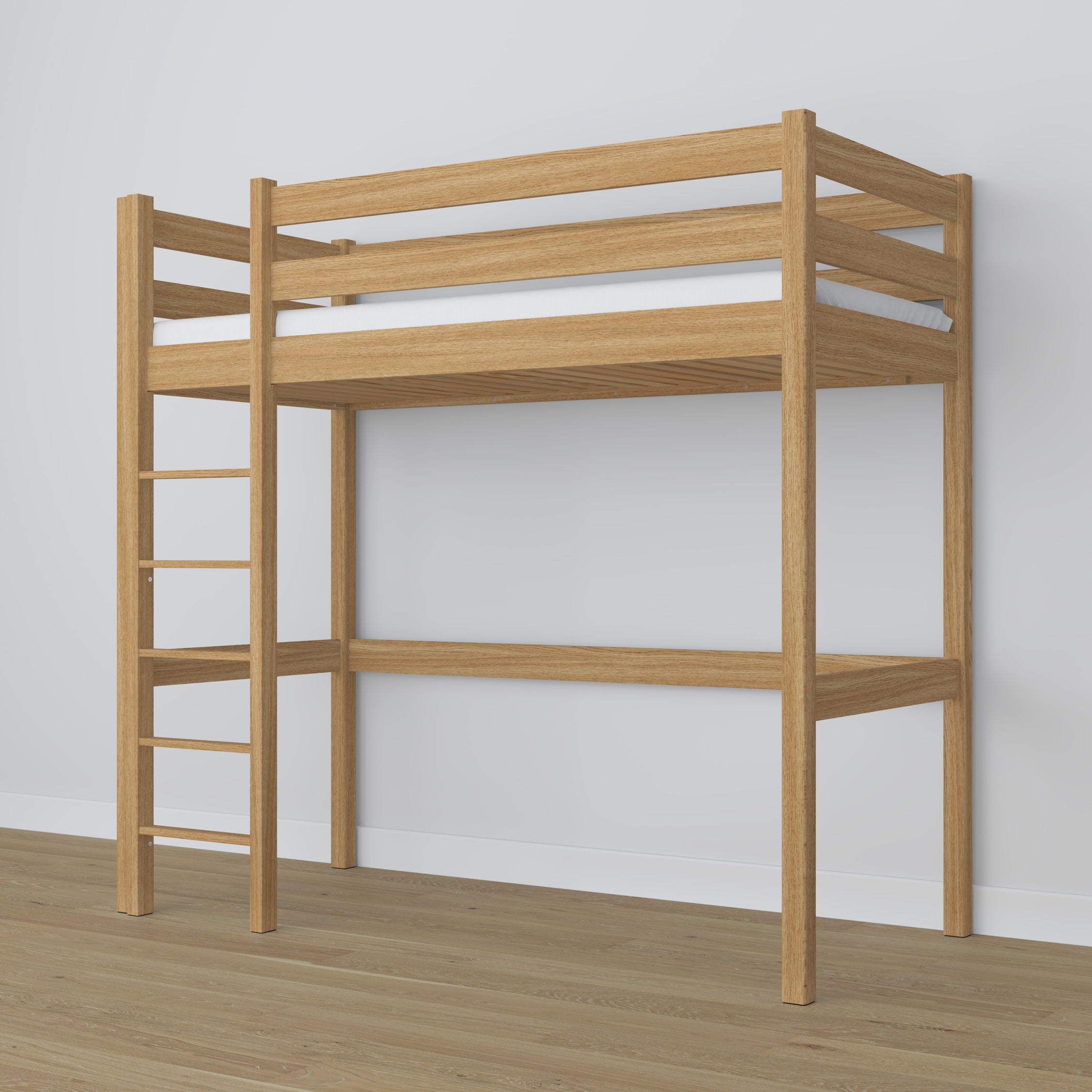 Loft bed natural oak in children’s room – scandi arrangement, oak