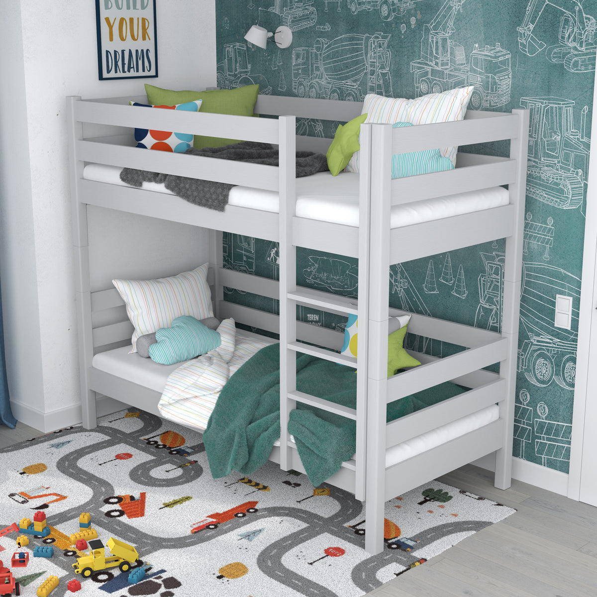 Grey Bunk Bed in Children’s Room – Scandi Arrangement, Wooden