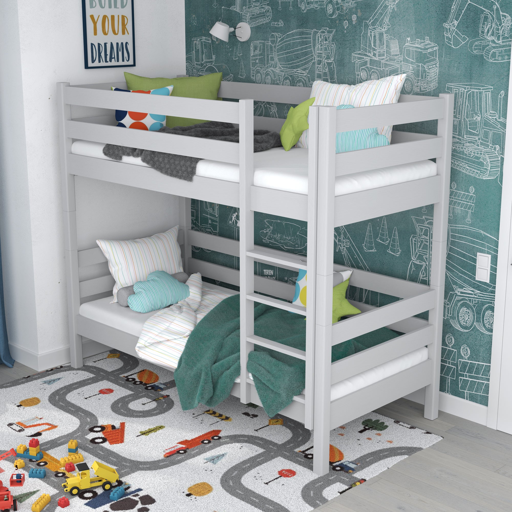 Grey Bunk Bed in Children’s Room – Scandi Arrangement, Wooden